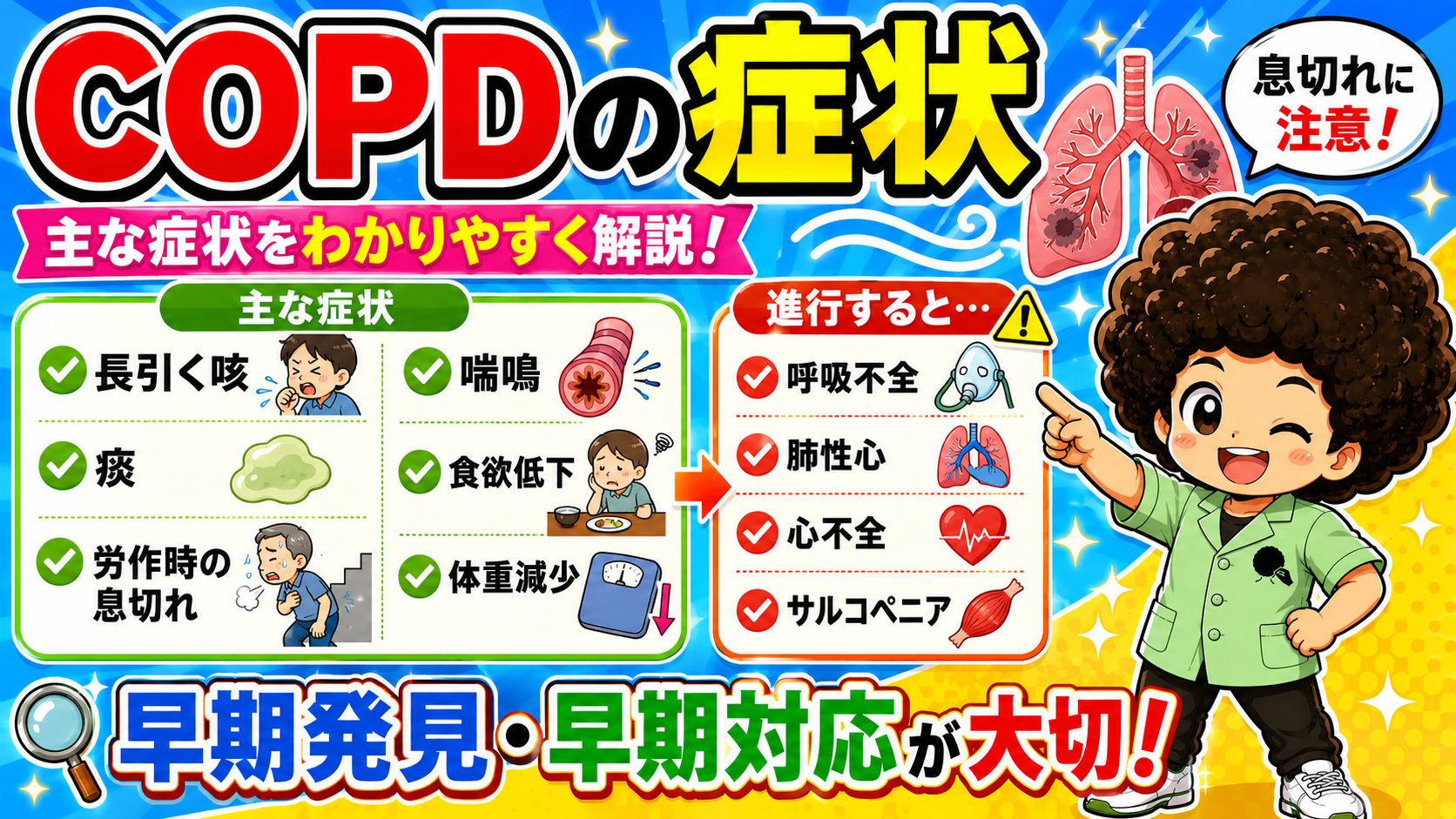 COPDの症状:主な症状と、進行時にみられる呼吸不全・肺性心・心不全・サルコペニアなどの合併症
