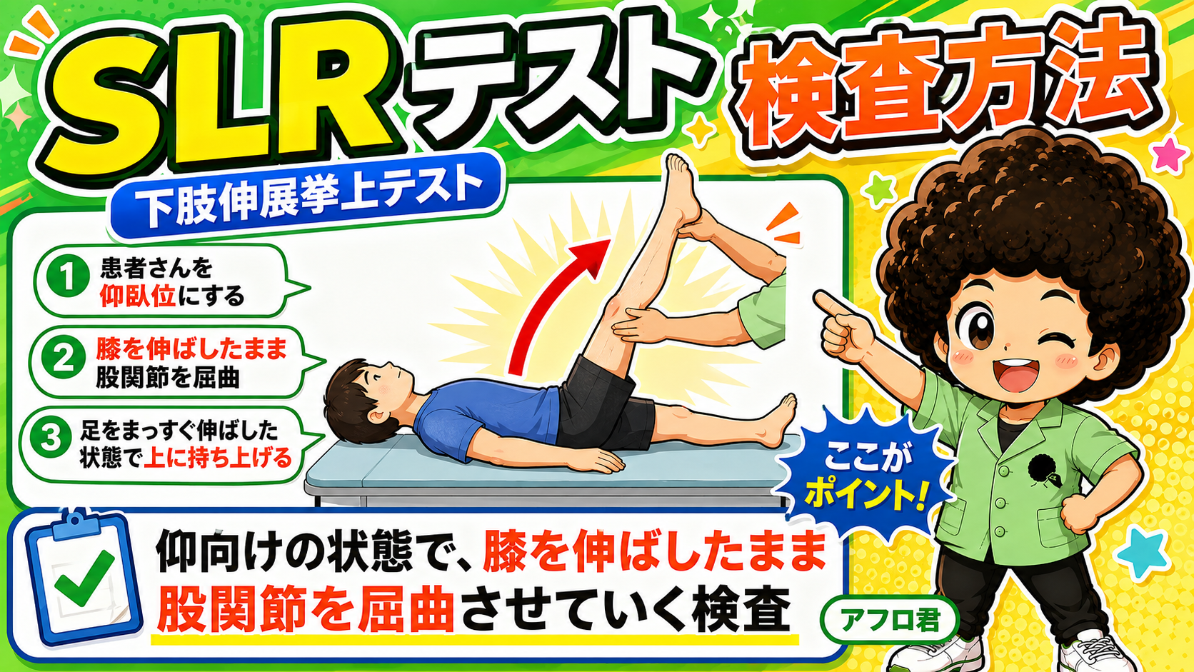 SLRテストで確認する3項目（大腿後側の放散痛・坐骨神経痛・根性症状）