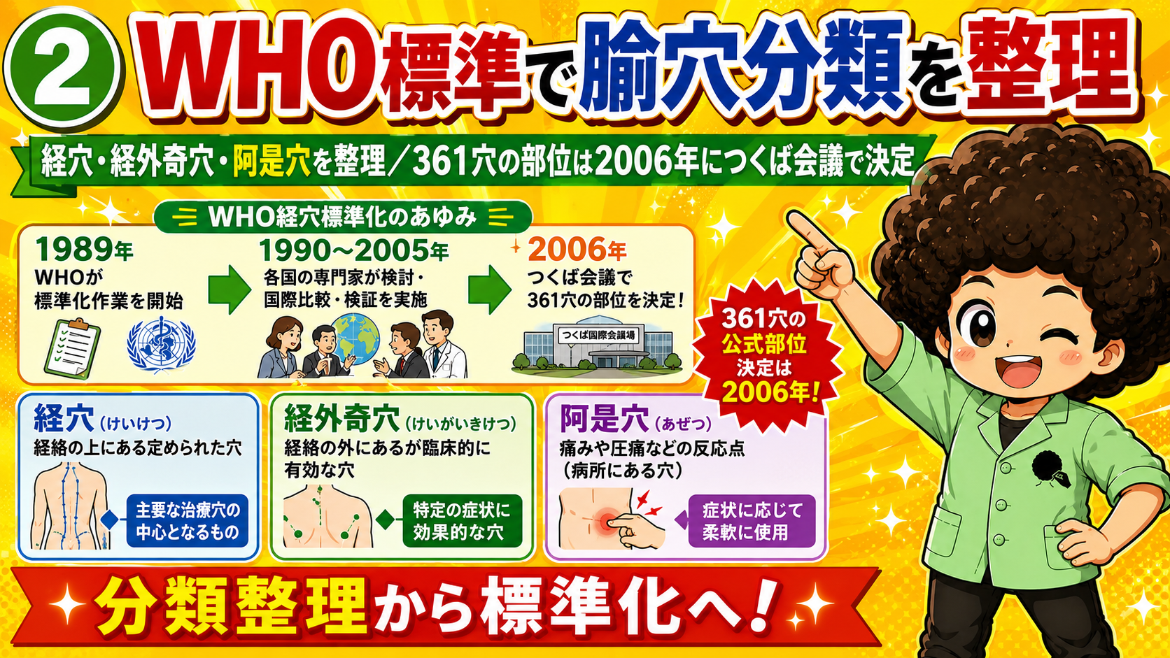 WHO経穴標準化のあゆみ。361穴の公式部位決定は2006年つくば会議