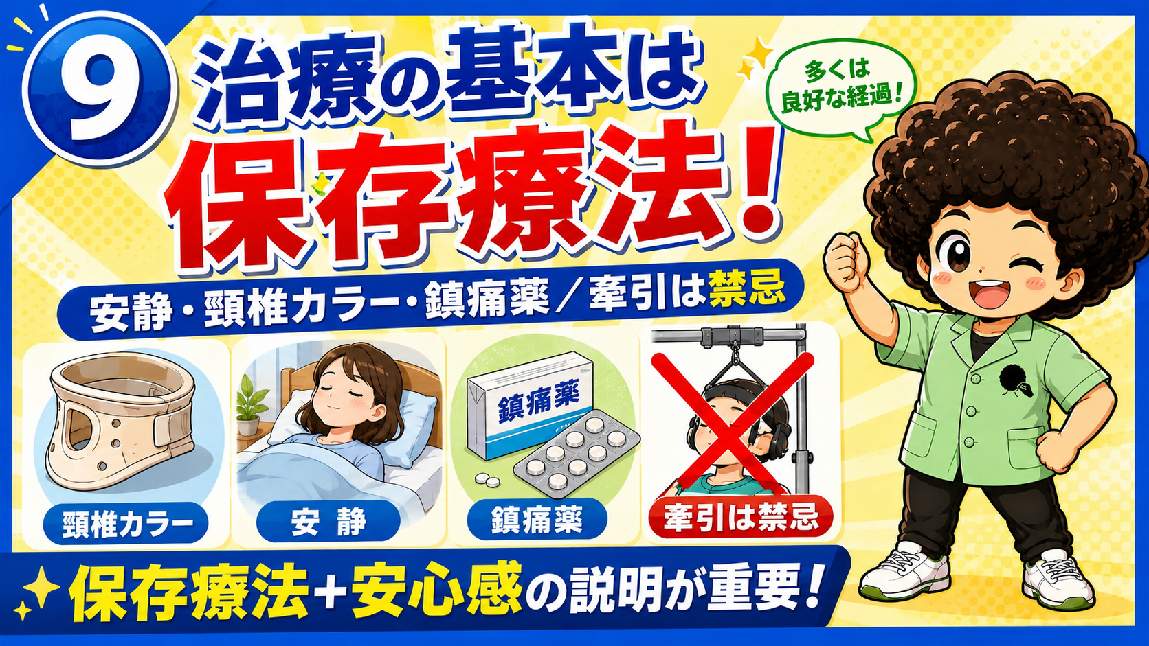 安静・頸椎カラー・鎮痛薬が基本／牽引は禁忌