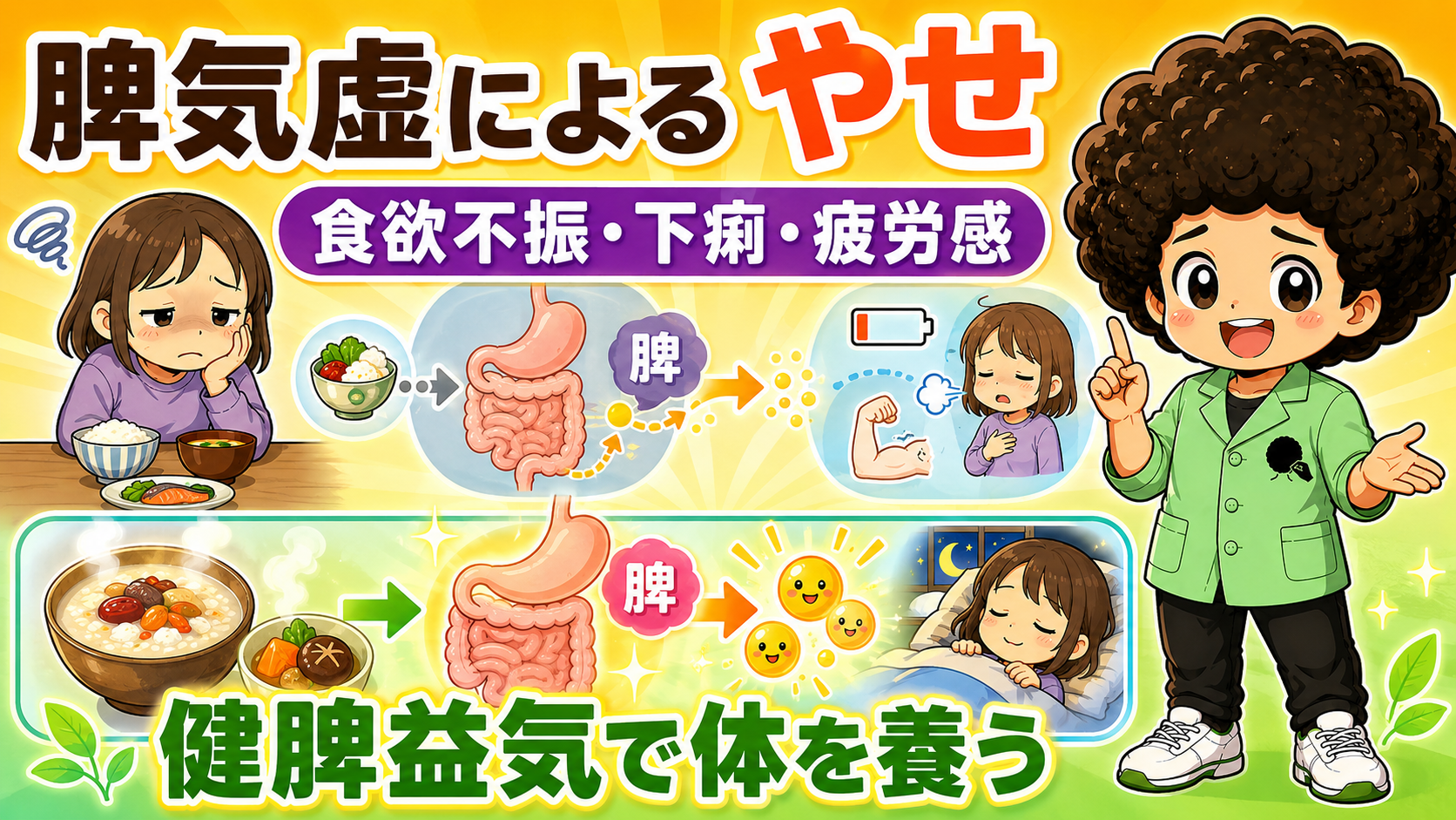 脾気虚によるやせ：食欲不振・下痢・疲労感。健脾益気で体を養う