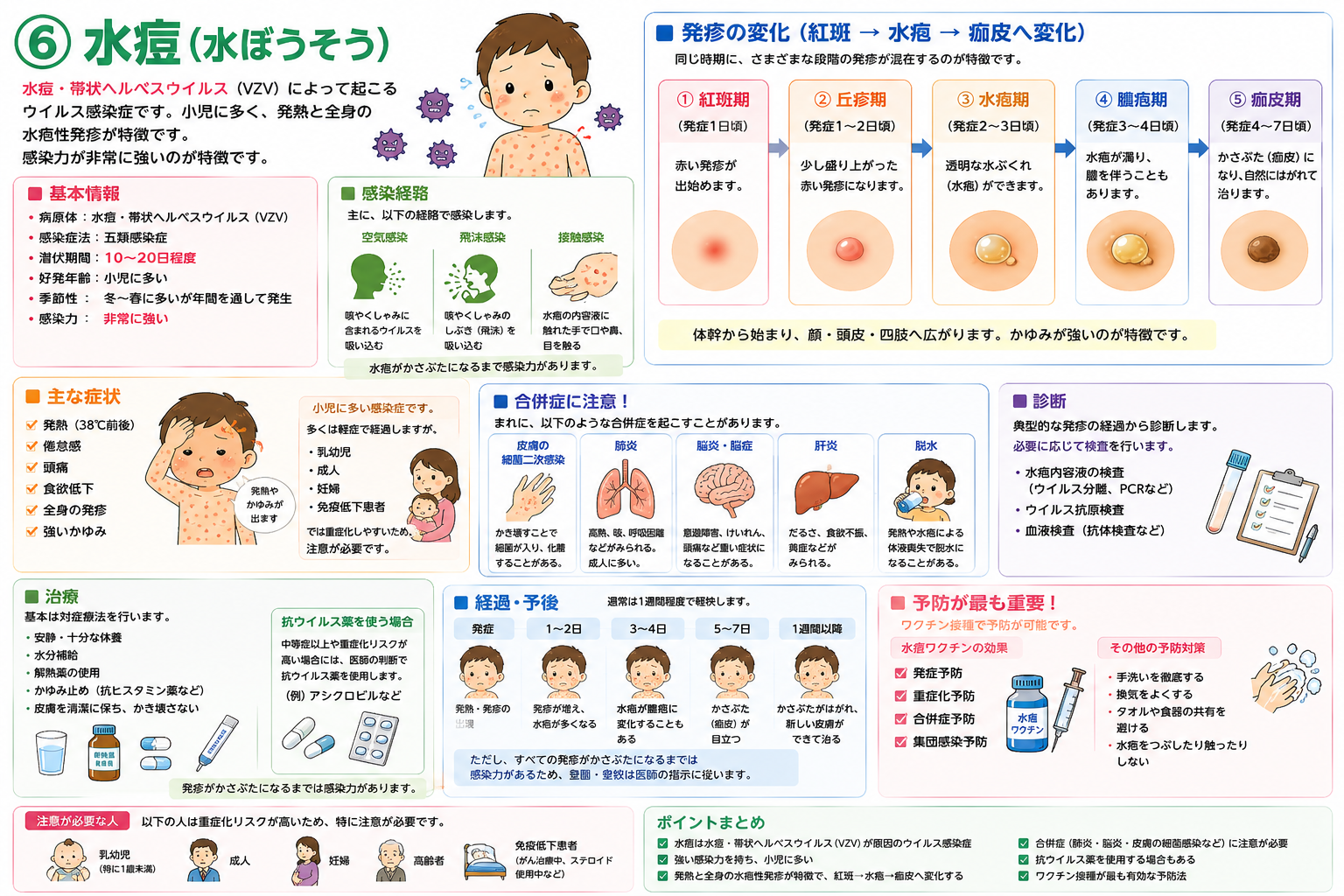 水痘（水ぼうそう）：紅斑→水疱→痂皮と変化し、各段階の発疹が混在する