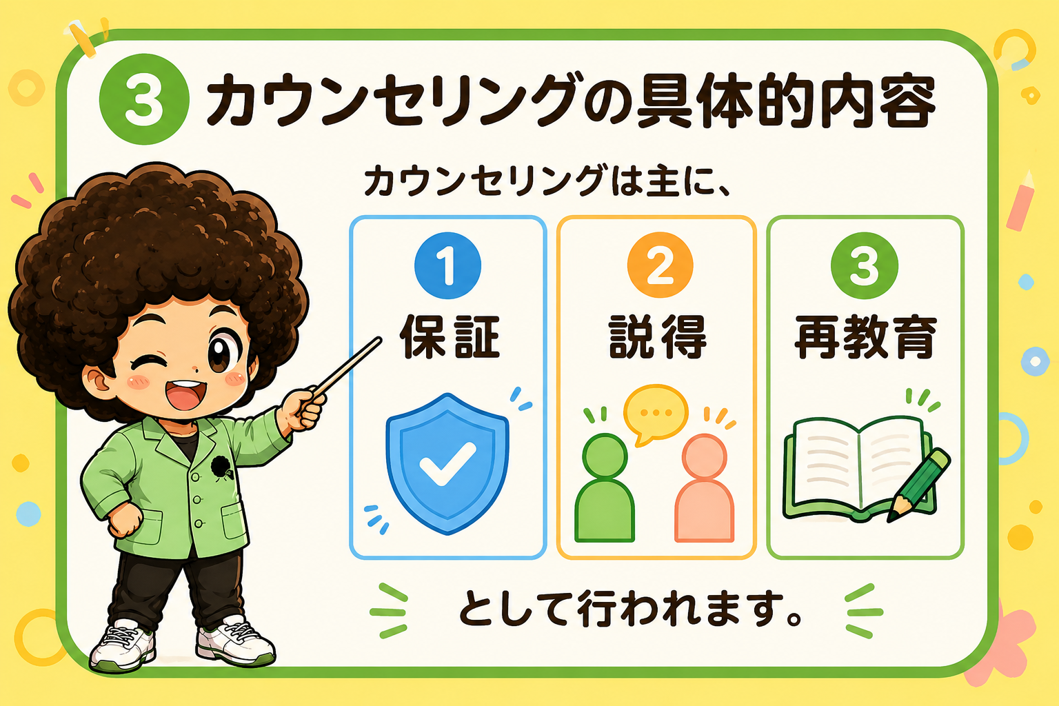 カウンセリングは主に①保証②説得③再教育として行われる