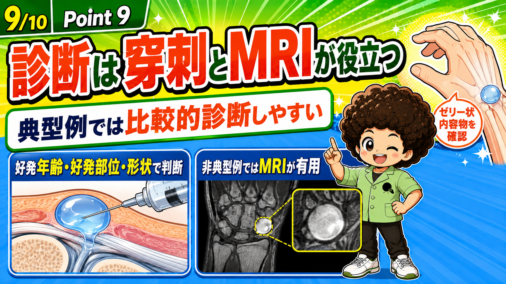 穿刺でゼリー状内容物を確認。非典型例ではMRIが有用