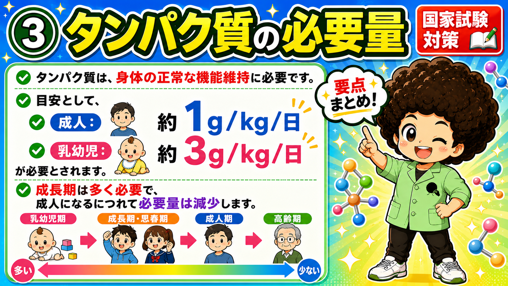 成人 約1g/kg/日、乳幼児 約3g/kg/日。成長期に多く必要