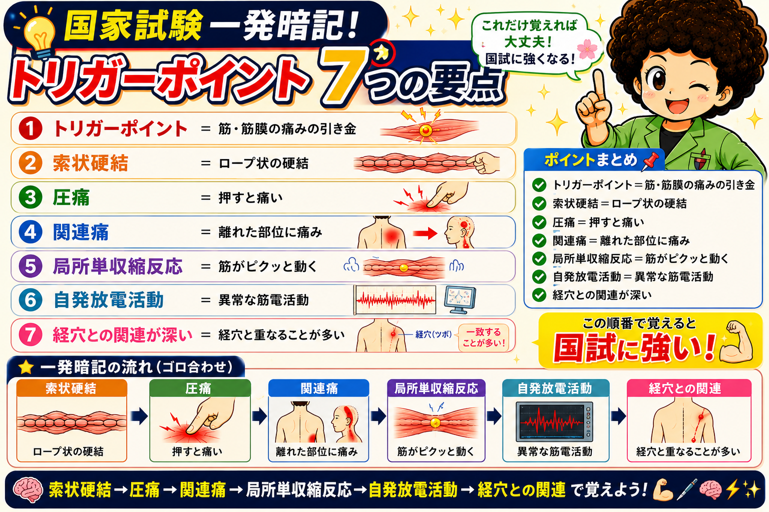 索状硬結→圧痛→関連痛→局所単収縮反応→自発放電活動→経穴との関連の順で覚える