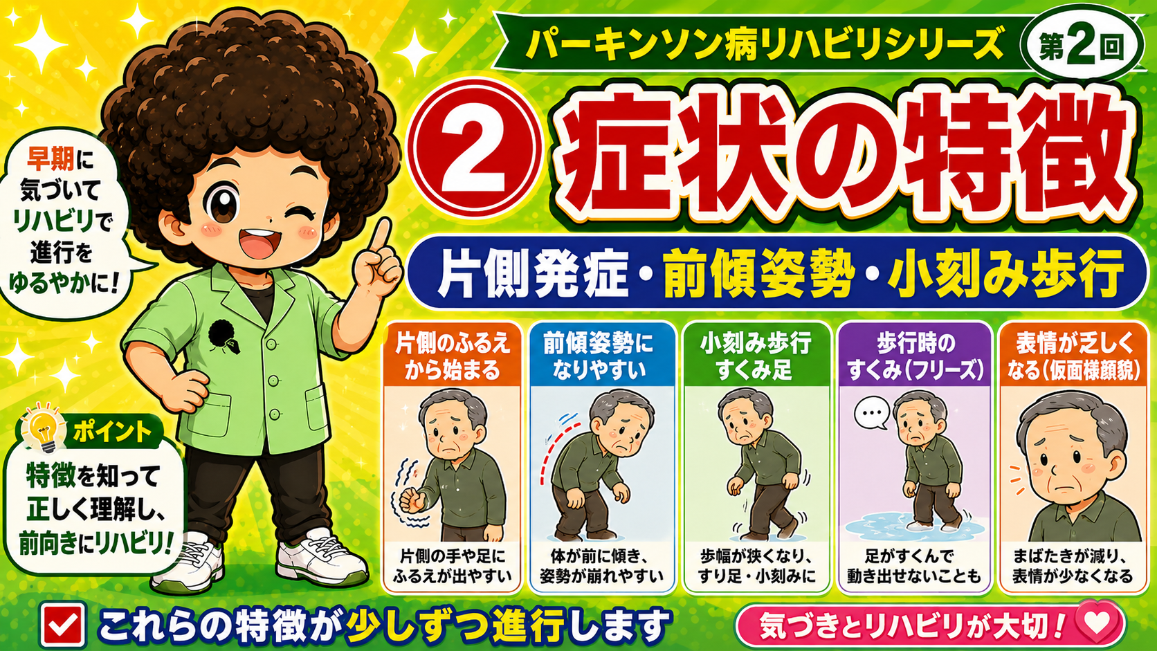 片側発症・前傾姿勢・小刻み歩行・すくみ足・仮面様顔貌