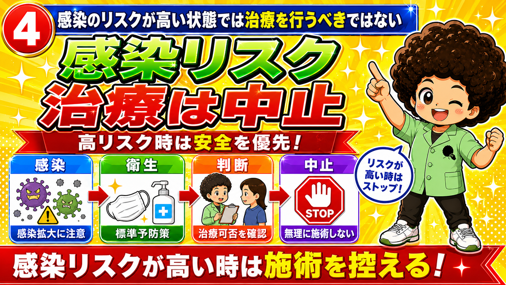 感染リスクが高い時は標準予防策のうえで治療可否を判断し、無理に施術しない
