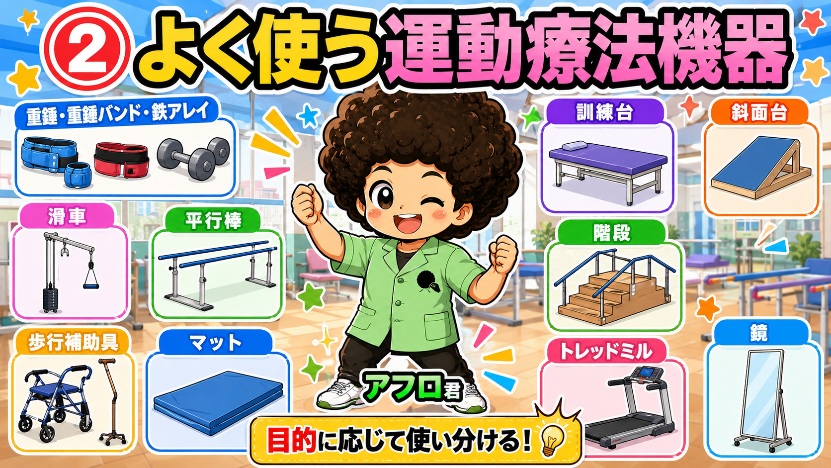 よく使う運動療法機器（重錘・滑車・平行棒・斜面台・トレッドミルなど）