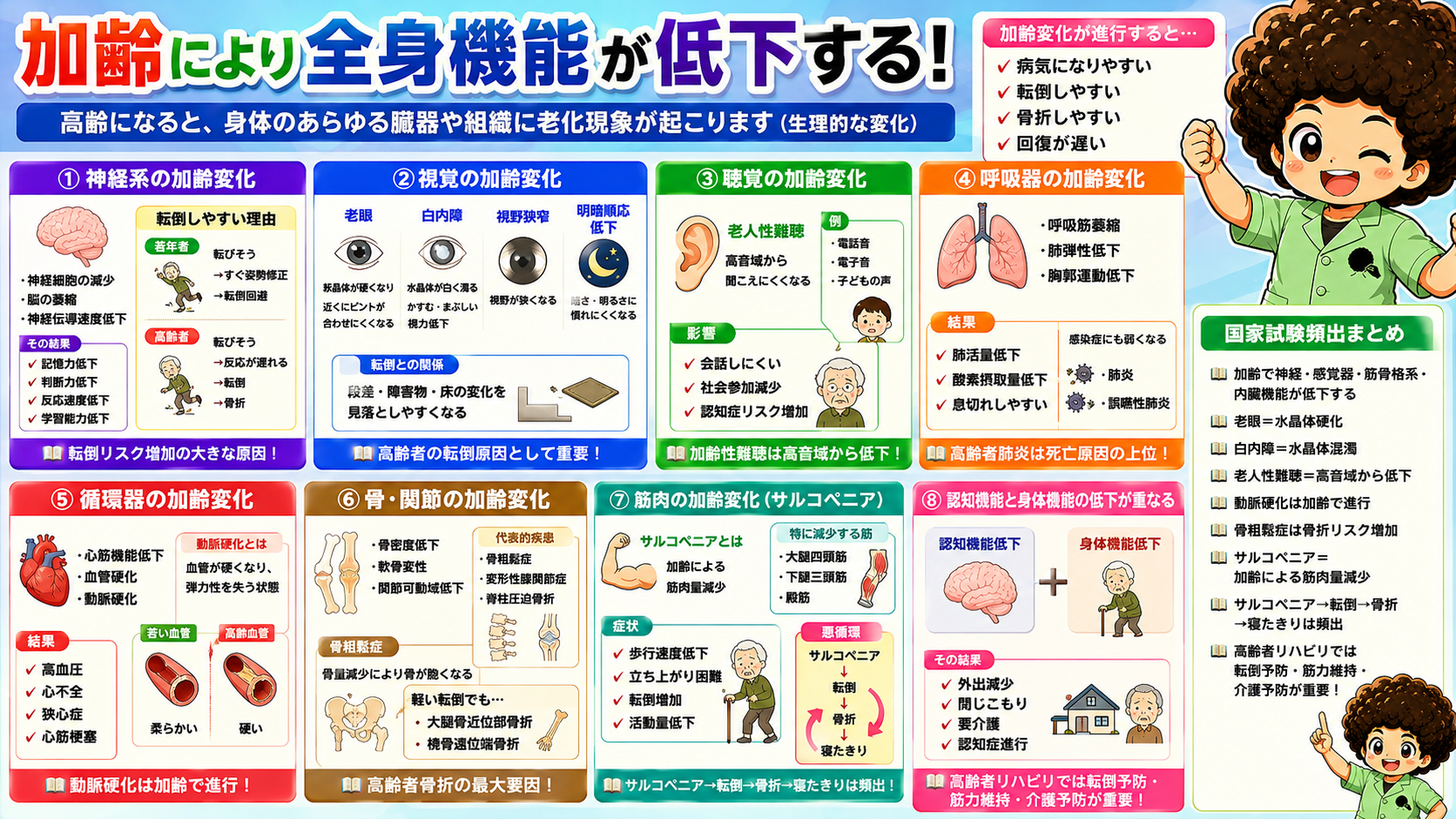 神経・視覚・聴覚・呼吸器・循環器・骨関節・筋・認知の加齢変化一覧