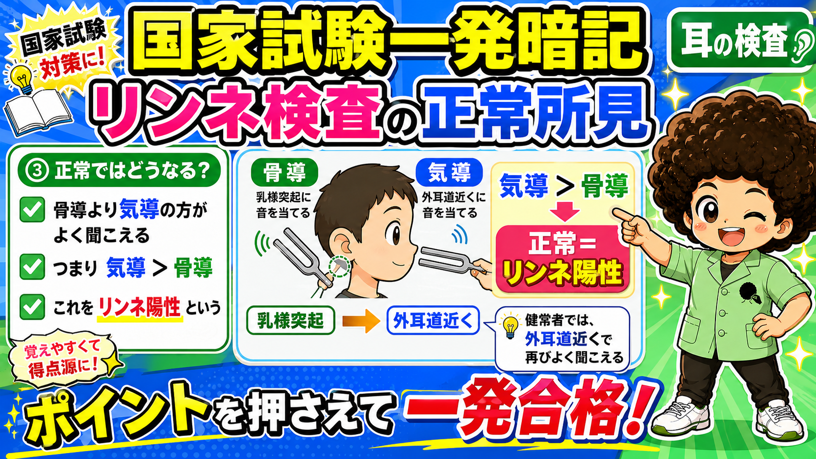 リンネ検査の手順：256Hz音叉→乳様突起（骨導）→外耳道近く（気導）→聞こえ方を確認