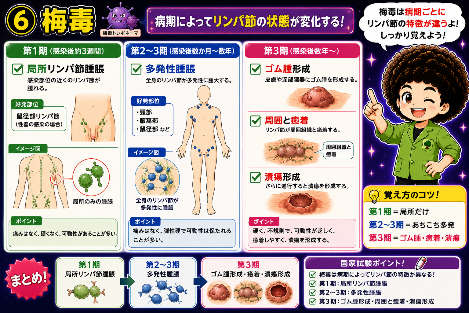 梅毒は第1期＝局所、第2〜3期＝多発、第3期＝ゴム腫・癒着・潰瘍