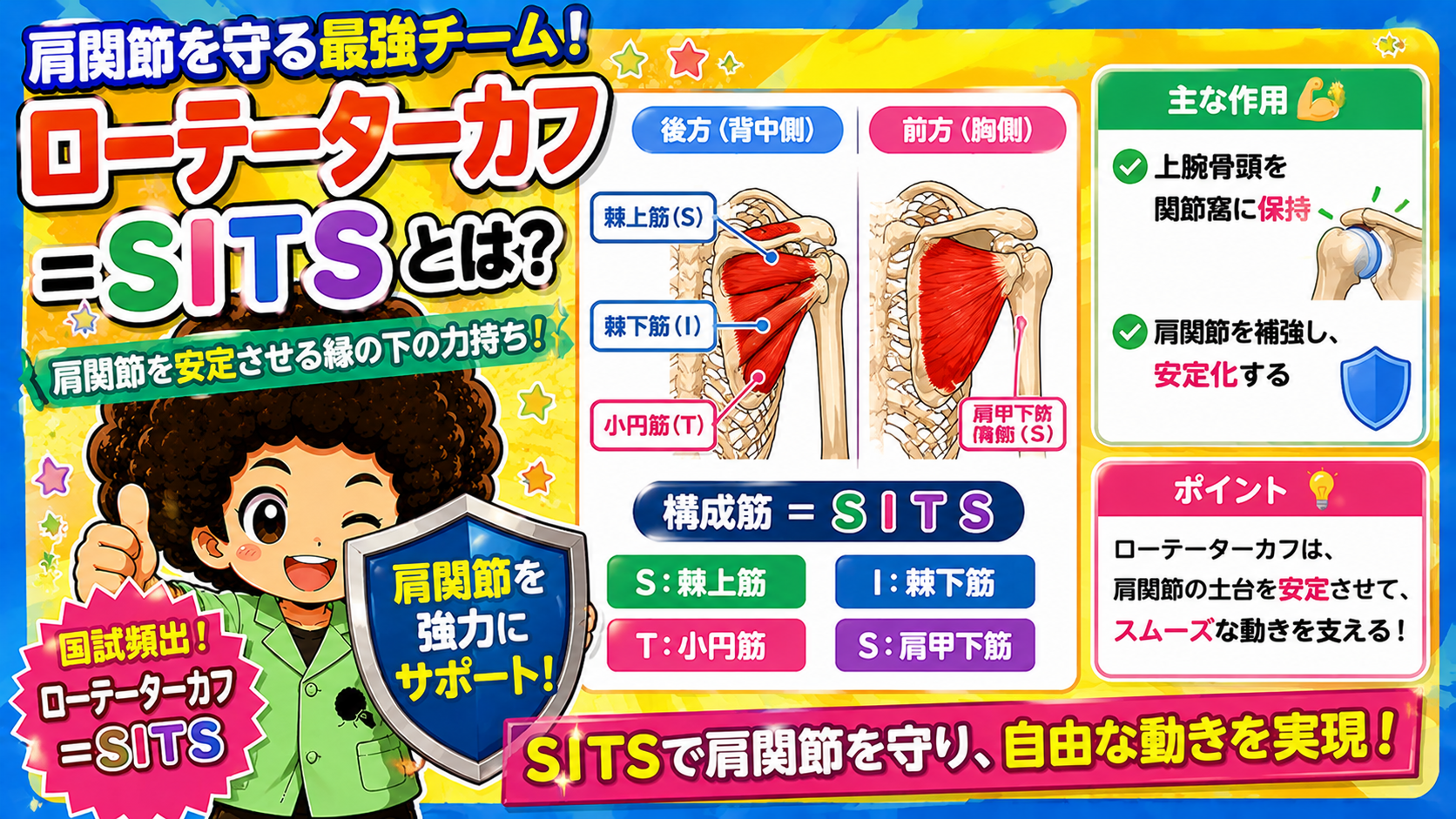 ローテーターカフ＝SITS（棘上筋・棘下筋・小円筋・肩甲下筋）の構成と作用