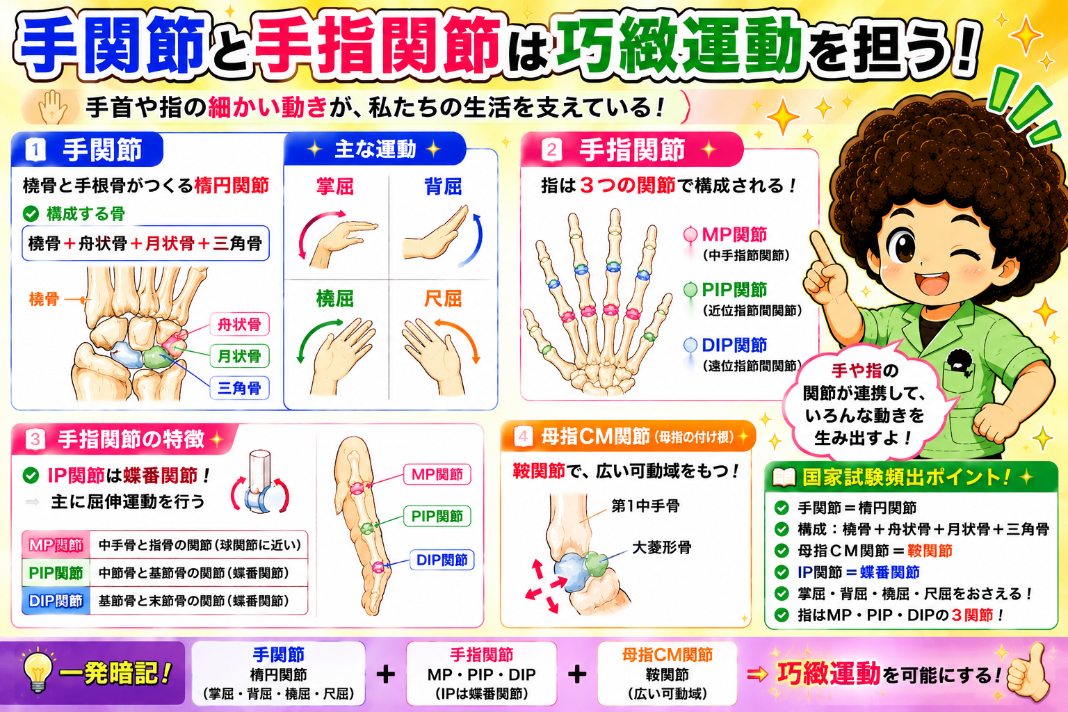 手関節と手指関節（MP・PIP・DIP関節、母指CM関節）