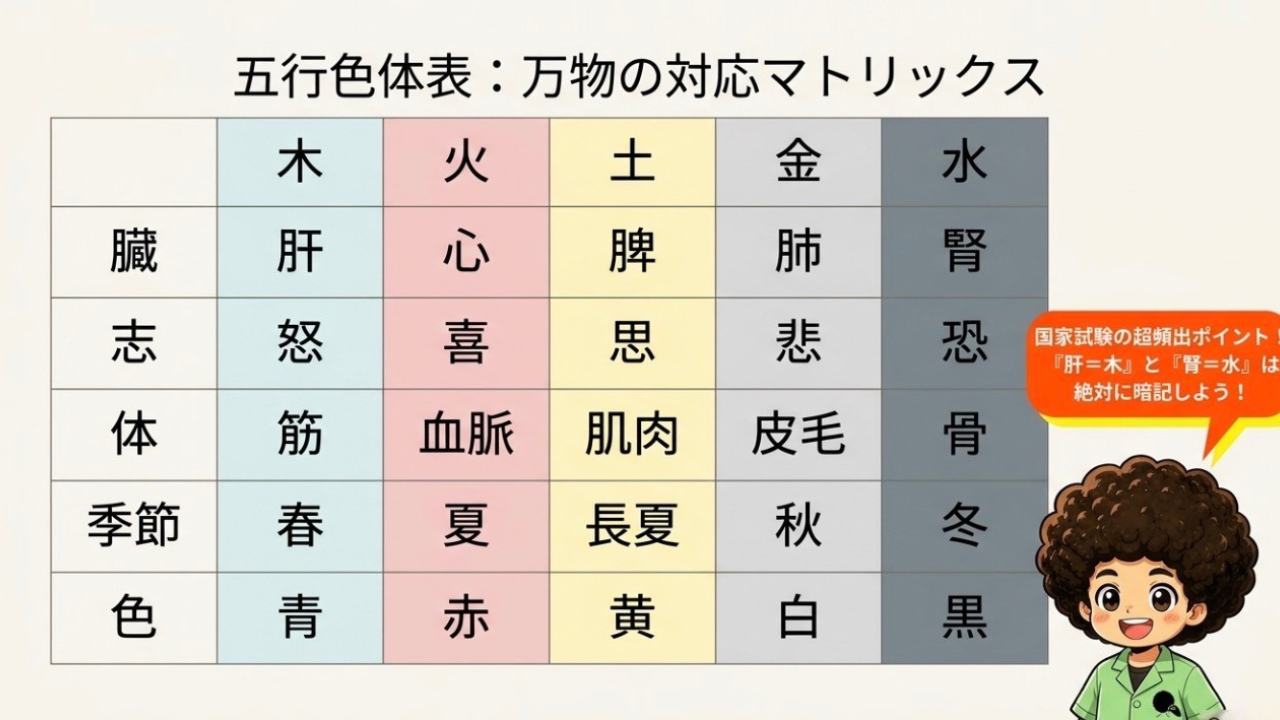 五行色体表：臓・志・体・季節・色の対応マトリックス