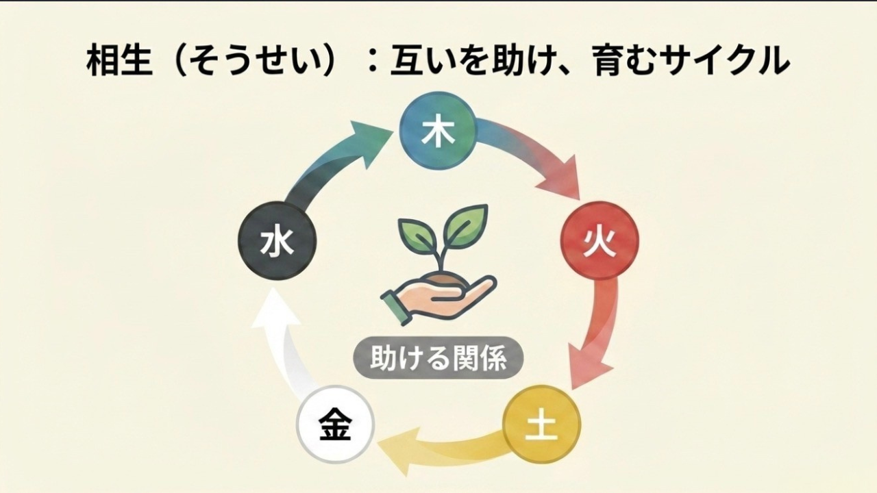 相生：木→火→土→金→水→木と一方向にめぐる「助ける関係」