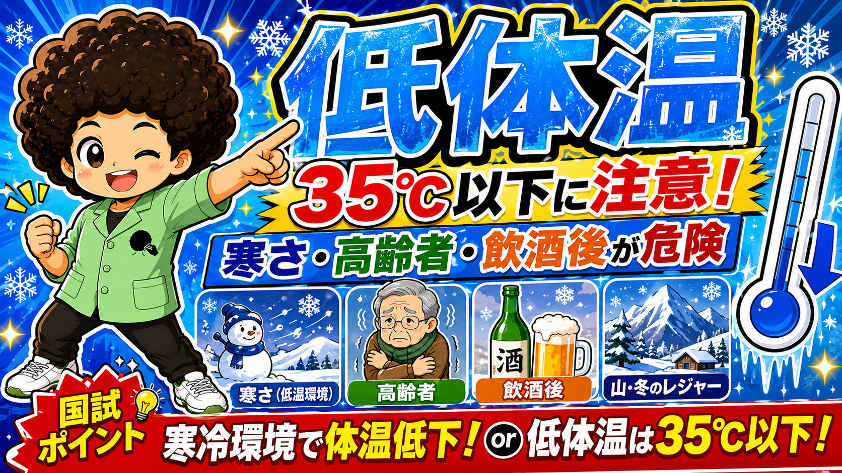 低体温は35℃以下。寒さ・高齢者・飲酒後・冬のレジャーがリスク