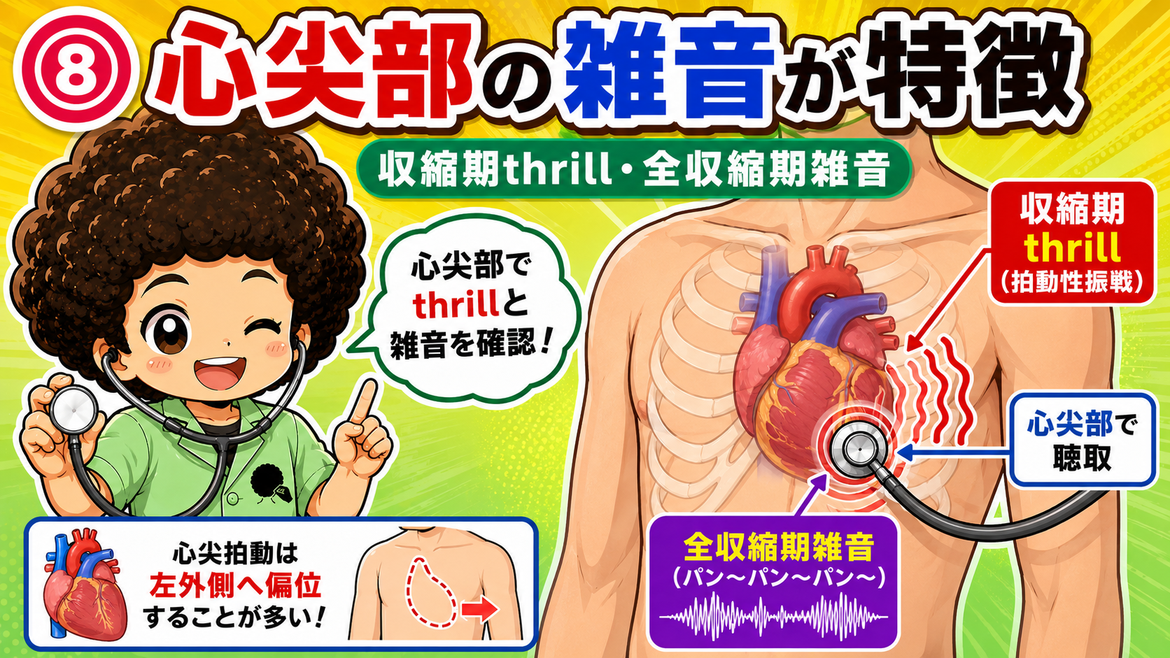 心尖部の全収縮期雑音・収縮期thrillが僧帽弁閉鎖不全症の特徴的所見