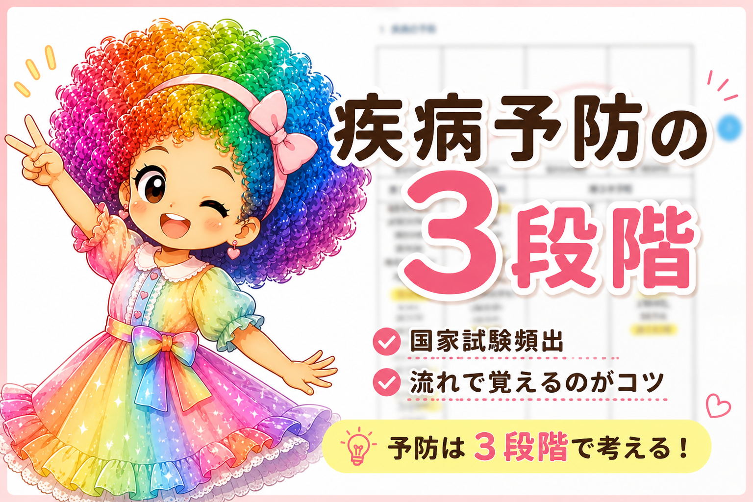 第1次予防の目的と具体例（生活習慣の改善・禁煙・予防接種・安全な水・健康増進）