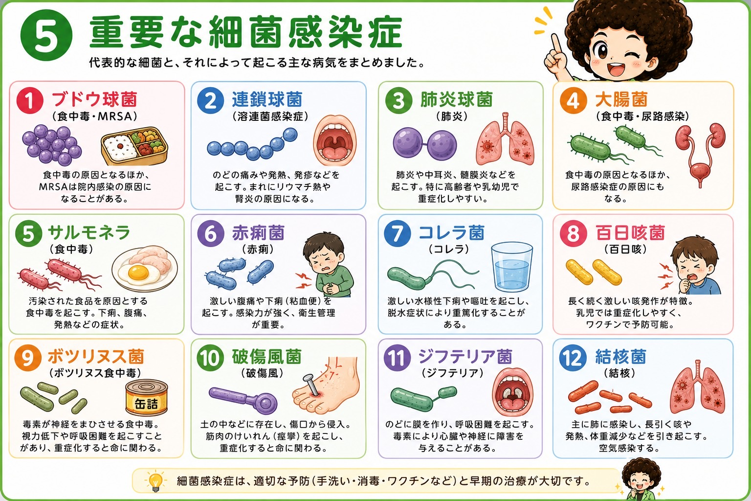 重要な細菌感染症12種と主な病気