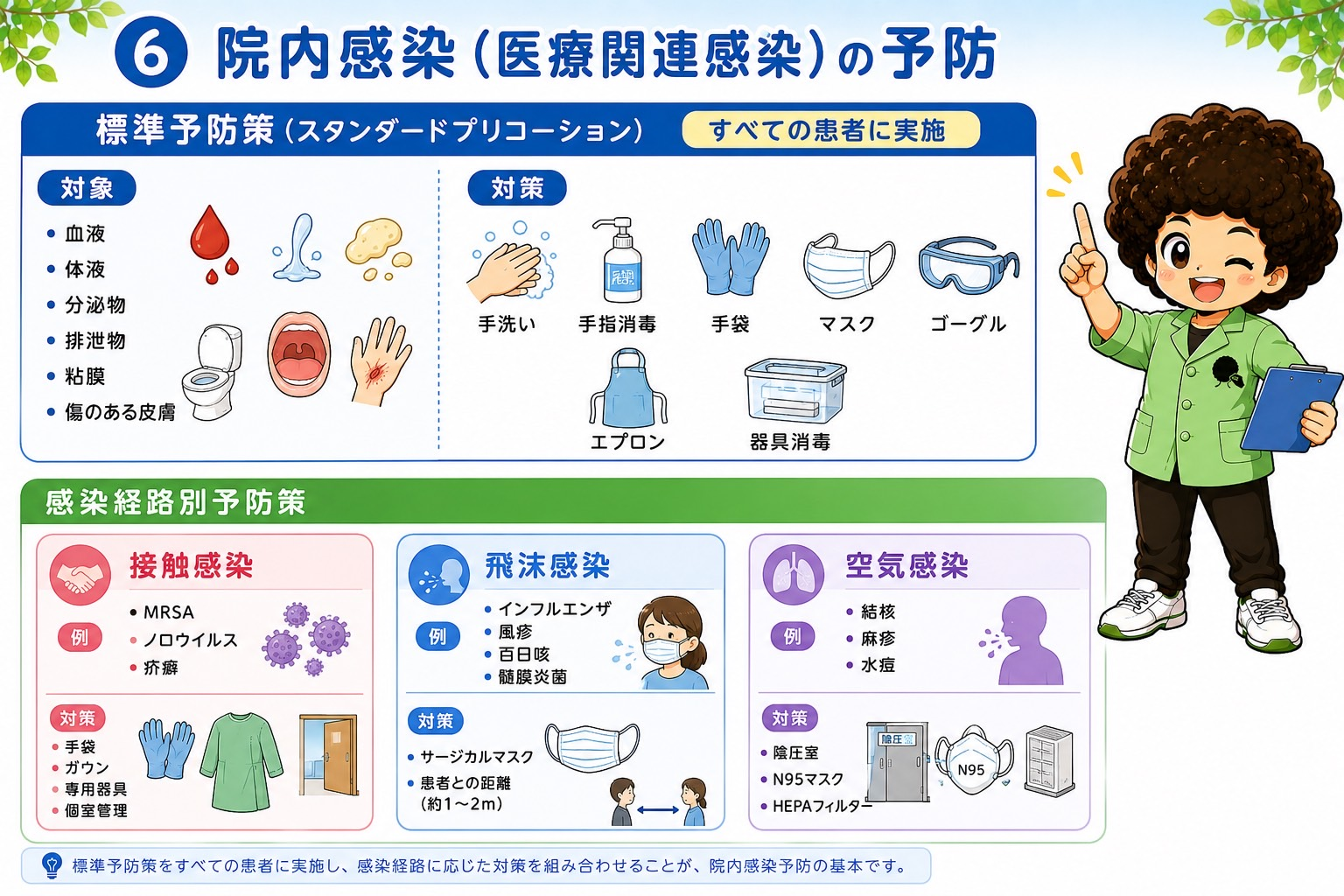 標準予防策の対象・対策と、感染経路別予防策
