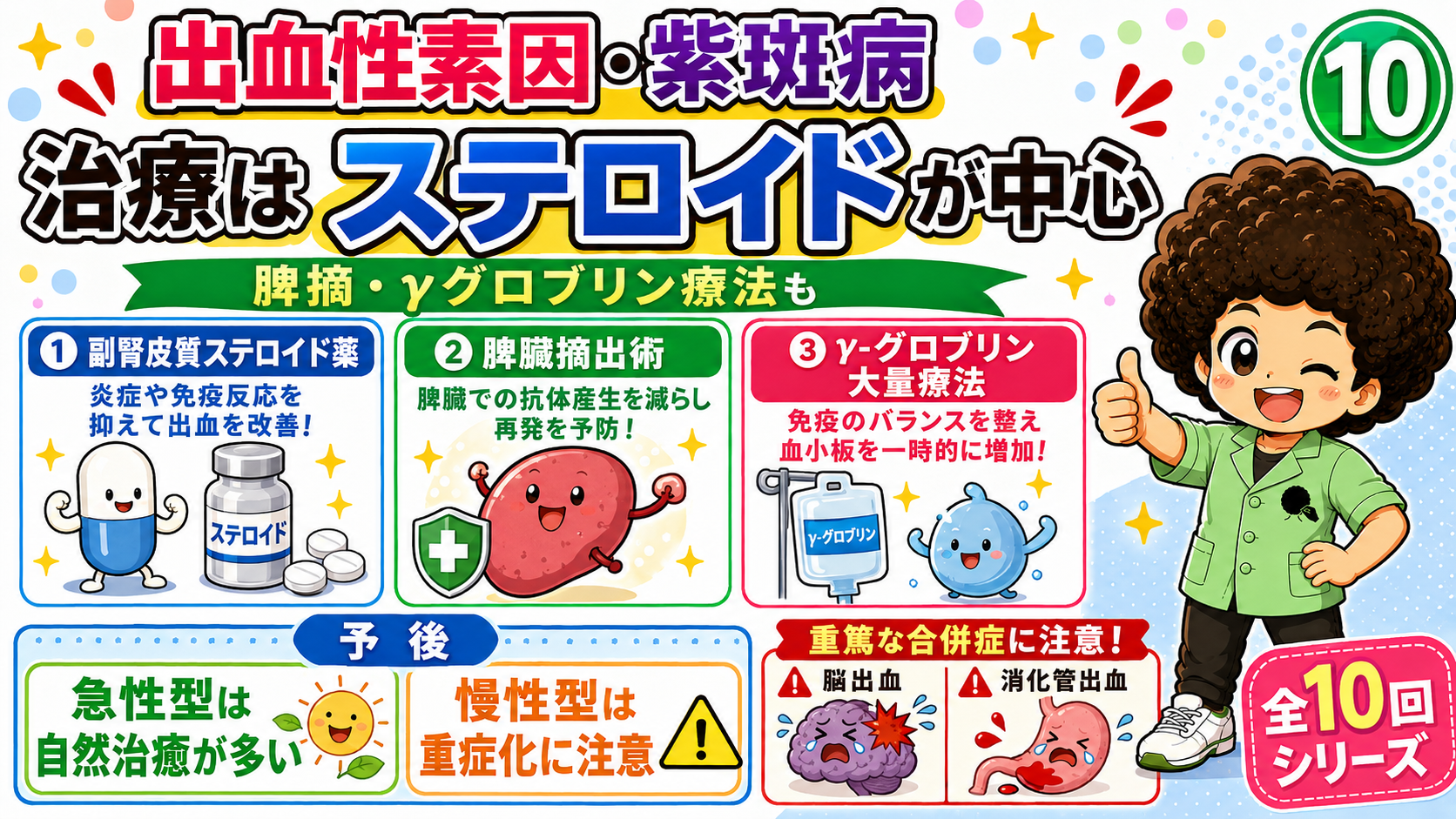 治療はステロイドが中心。脾摘・γグロブリン療法も
