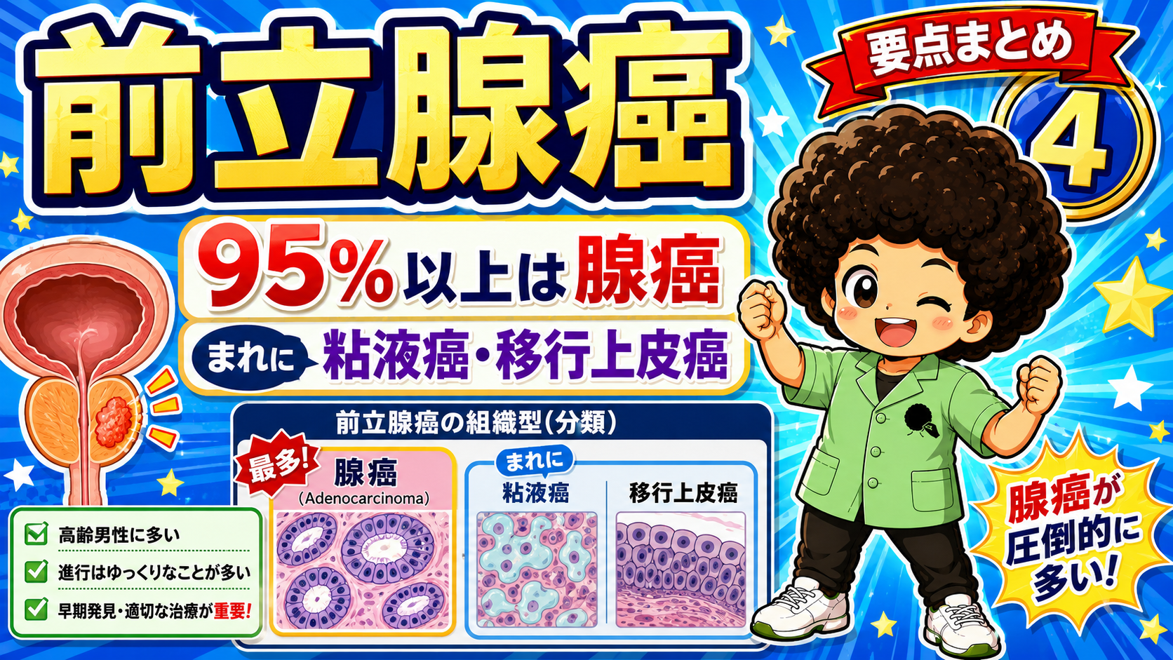 前立腺癌の組織型は95%以上が腺癌、まれに粘液癌・移行上皮癌がみられる