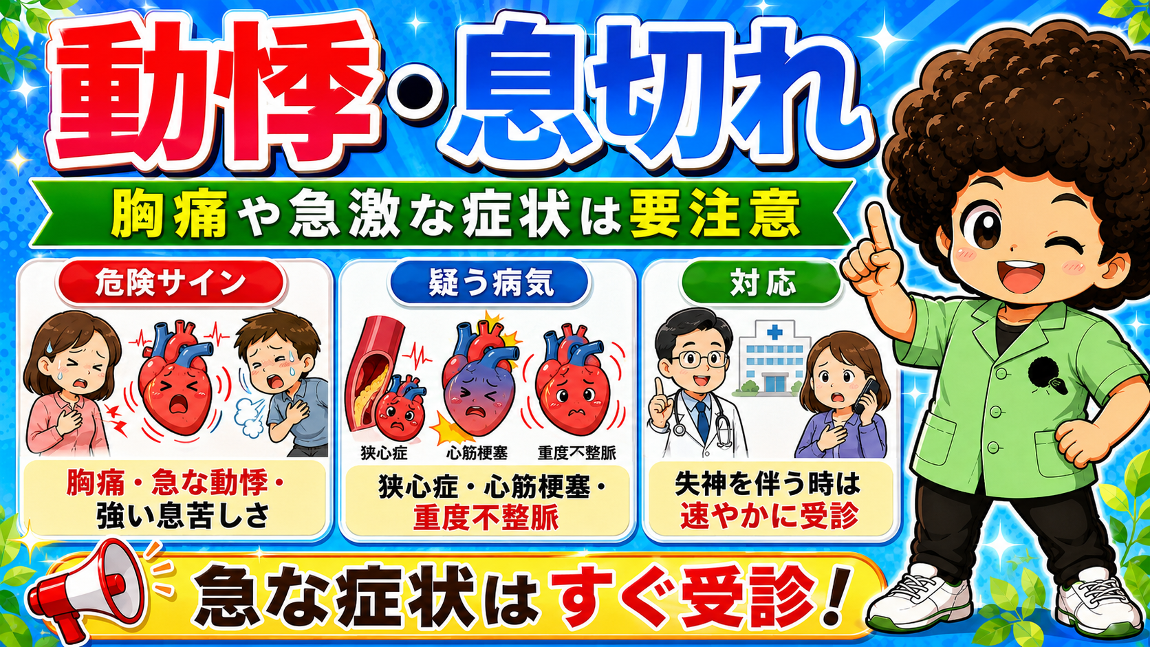胸痛や急激な症状は要注意。失神を伴えば速やかに受診