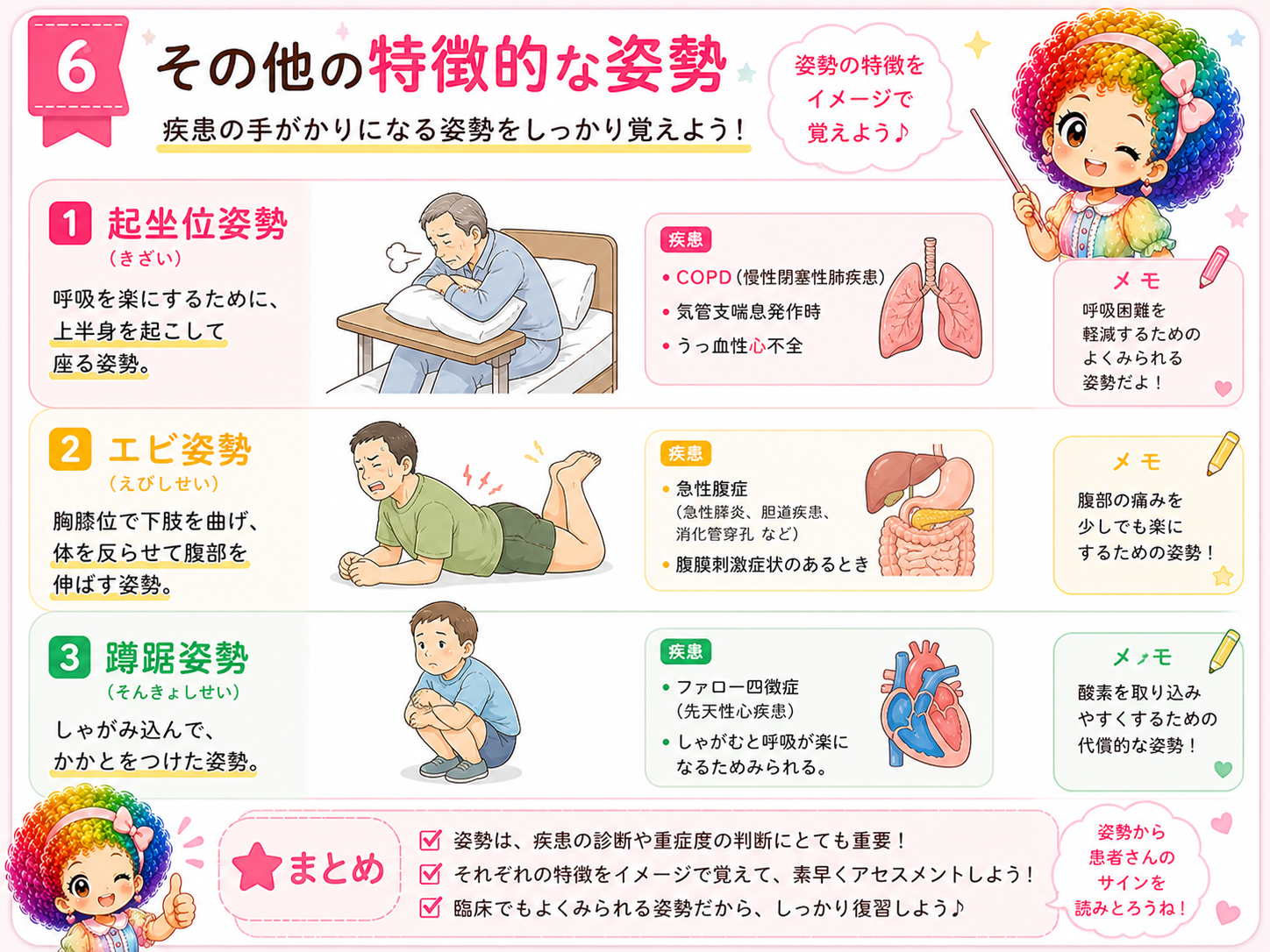 その他の特徴的な姿勢：起坐位姿勢・エビ姿勢・蹲踞姿勢