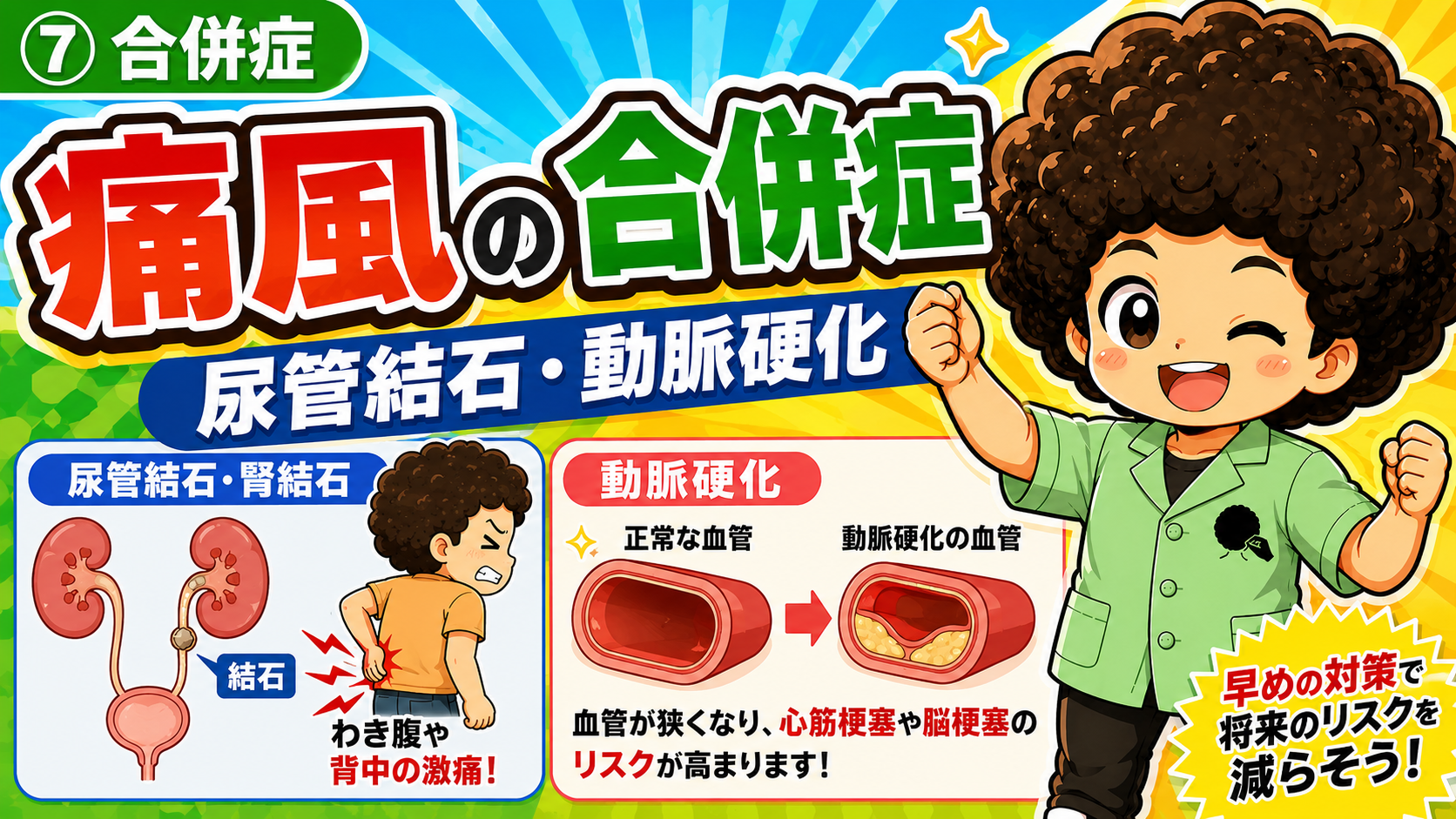 尿管結石・腎結石ではわき腹や背中に激痛。動脈硬化は心筋梗塞・脳梗塞のリスクを高める。