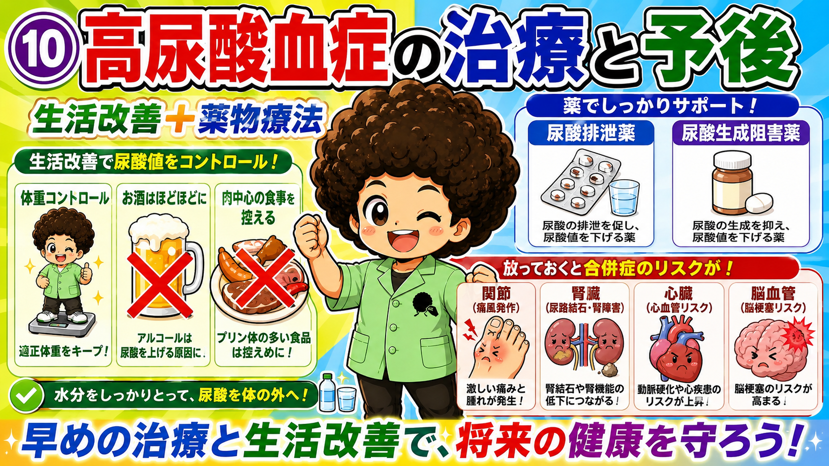 生活改善＋薬物療法で尿酸値をコントロール。放置すると関節・腎臓・心臓・脳血管に合併症が及ぶ。