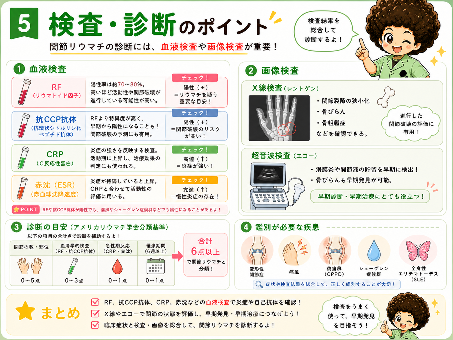 検査・診断のポイント。血液検査（RF・抗CCP抗体・CRP・赤沈）と画像検査（X線・エコー）。