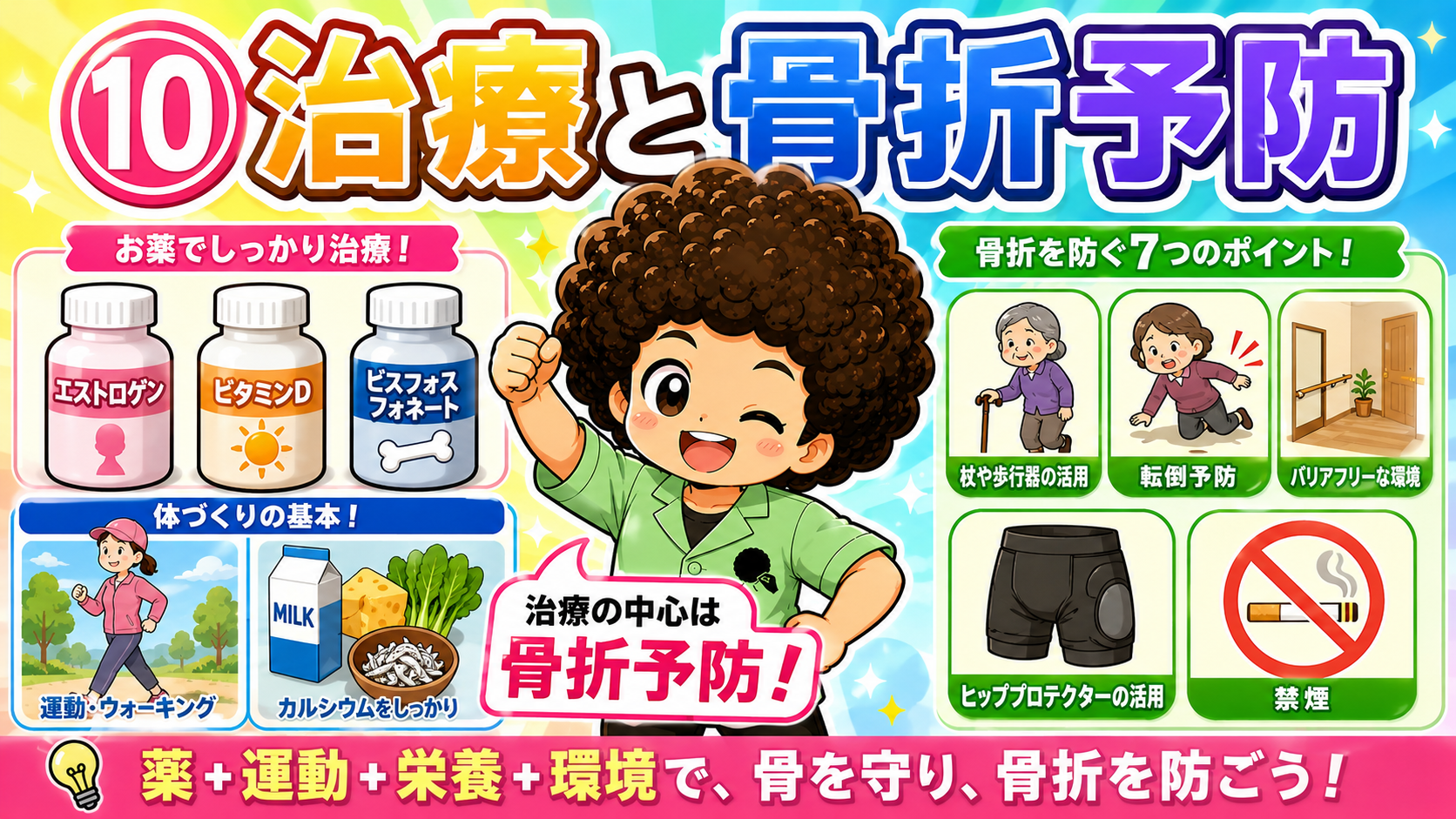 薬＋運動＋栄養＋環境で骨を守り、骨折を防ぐ。治療の中心は骨折予防