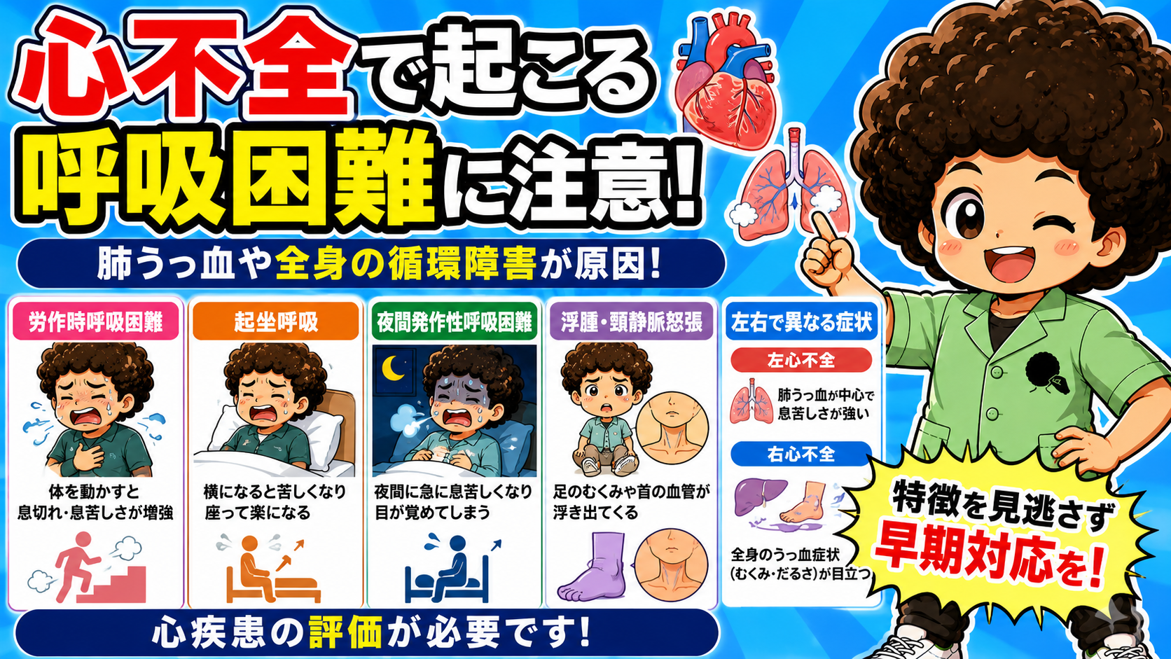 心不全による呼吸困難：労作時呼吸困難・起坐呼吸・夜間発作性呼吸困難と左右心不全の違い