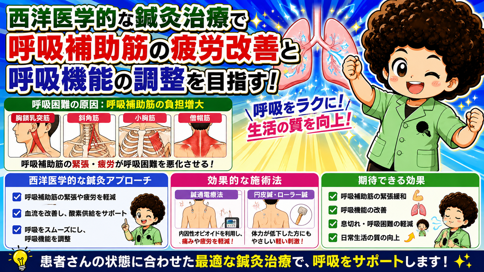 西洋医学的な鍼灸治療：呼吸補助筋（胸鎖乳突筋・斜角筋・小胸筋・僧帽筋）の疲労改善