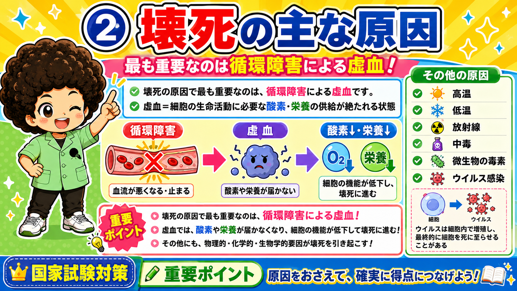 循環障害→虚血→酸素・栄養の低下→壊死。その他に高温・低温・放射線・中毒・微生物の毒素・ウイルス感染