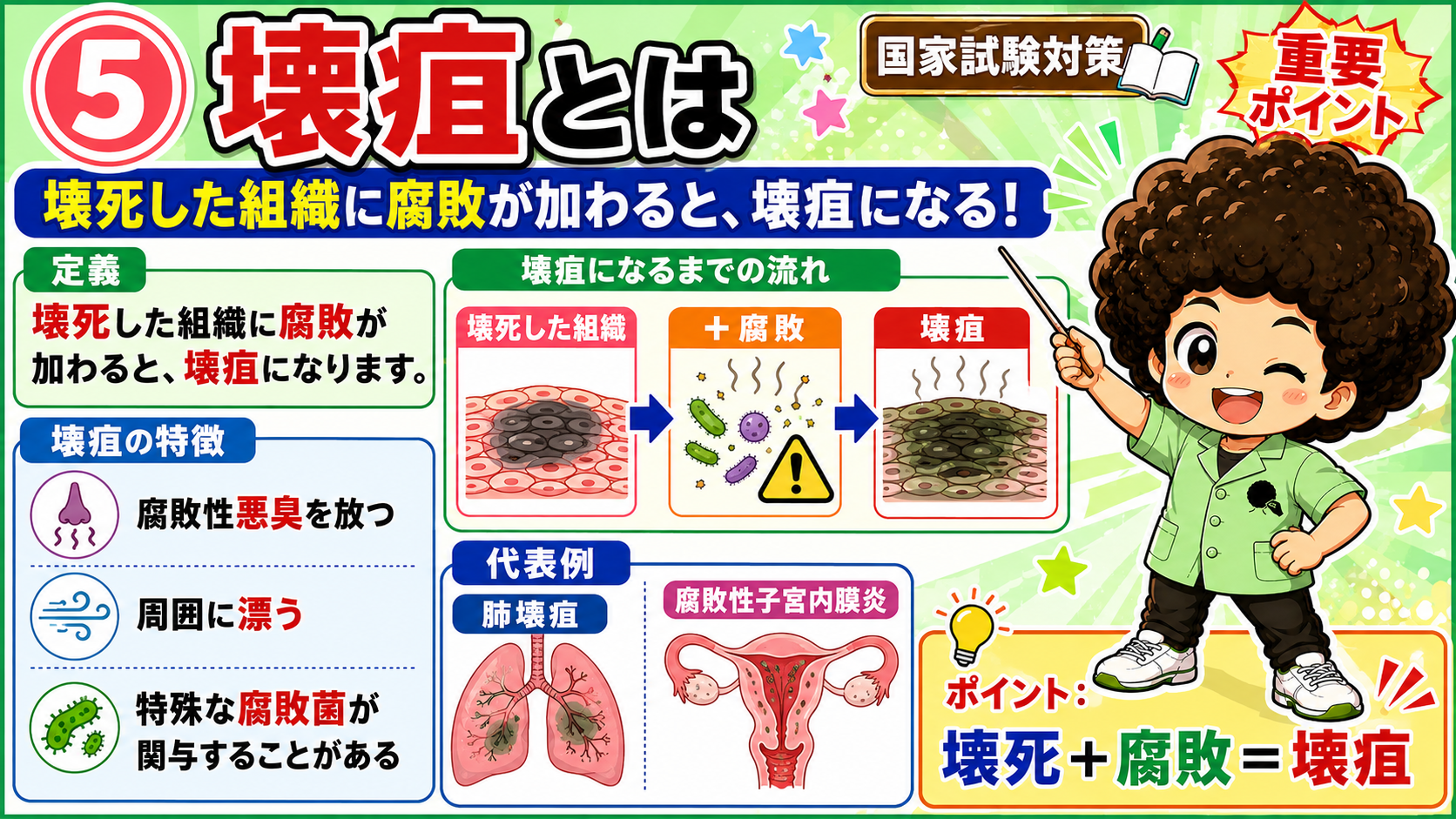 壊死＋腐敗＝壊疽。腐敗性悪臭・腐敗菌の関与、代表例は肺壊疽と腐敗性子宮内膜炎
