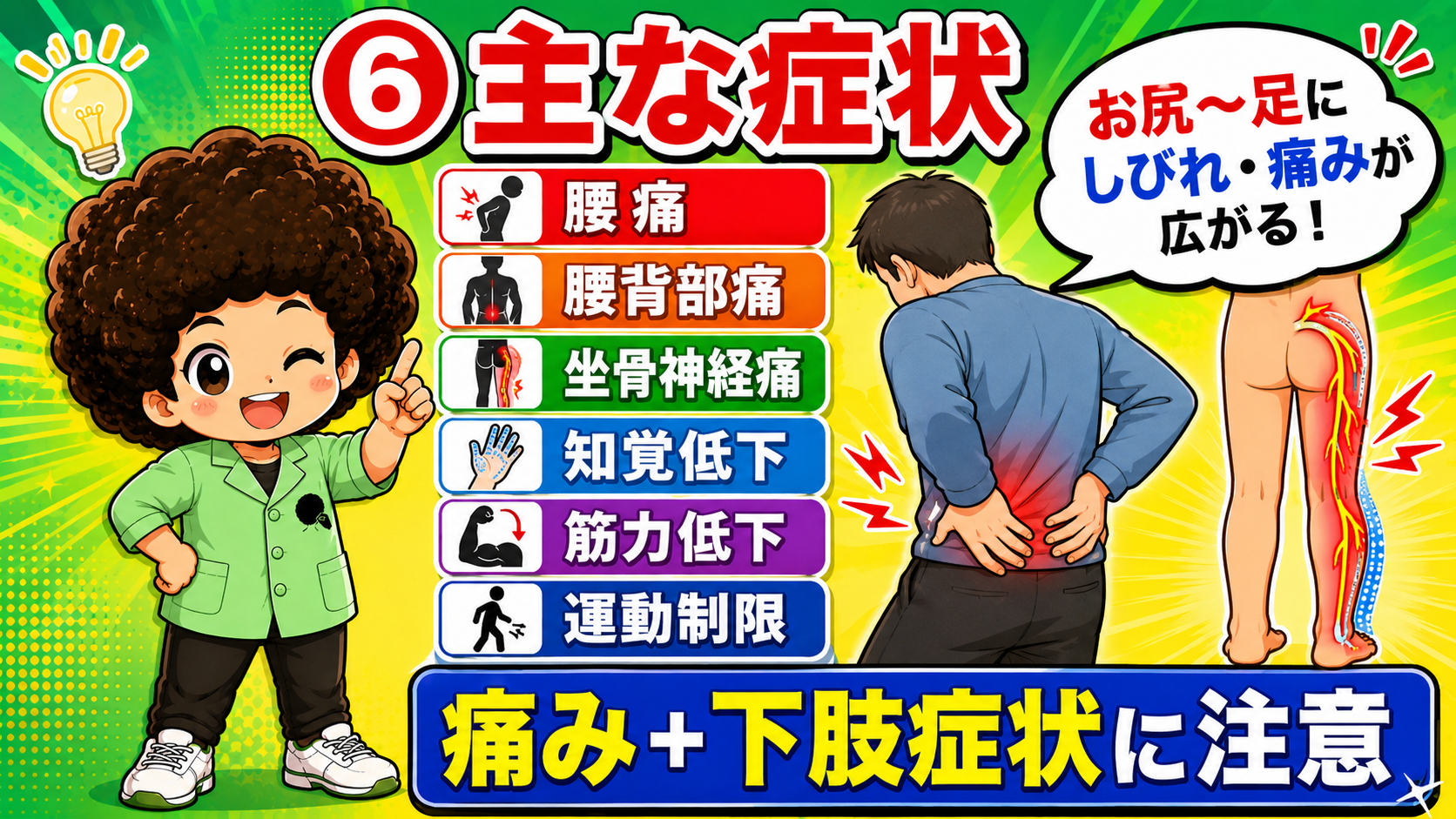 腰痛に加え、お尻〜足へ広がるしびれ・下肢症状に注意
