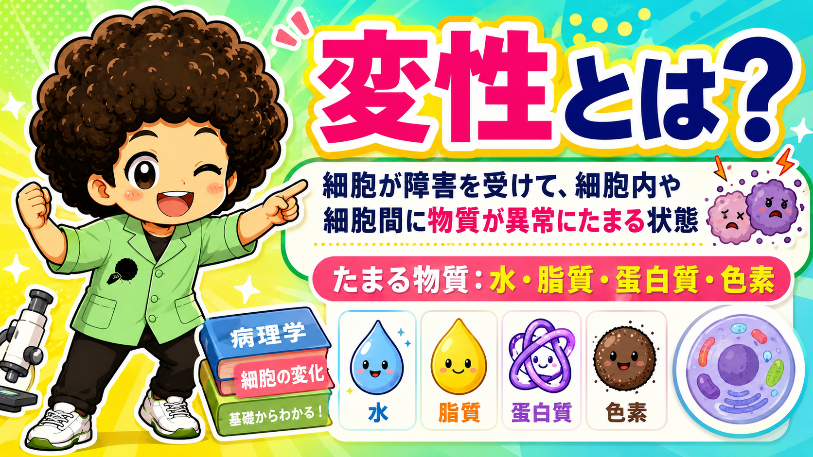変性＝細胞が障害を受けて細胞内・細胞間に物質が異常にたまる状態。たまる物質は水・脂質・蛋白質・色素の4つ。