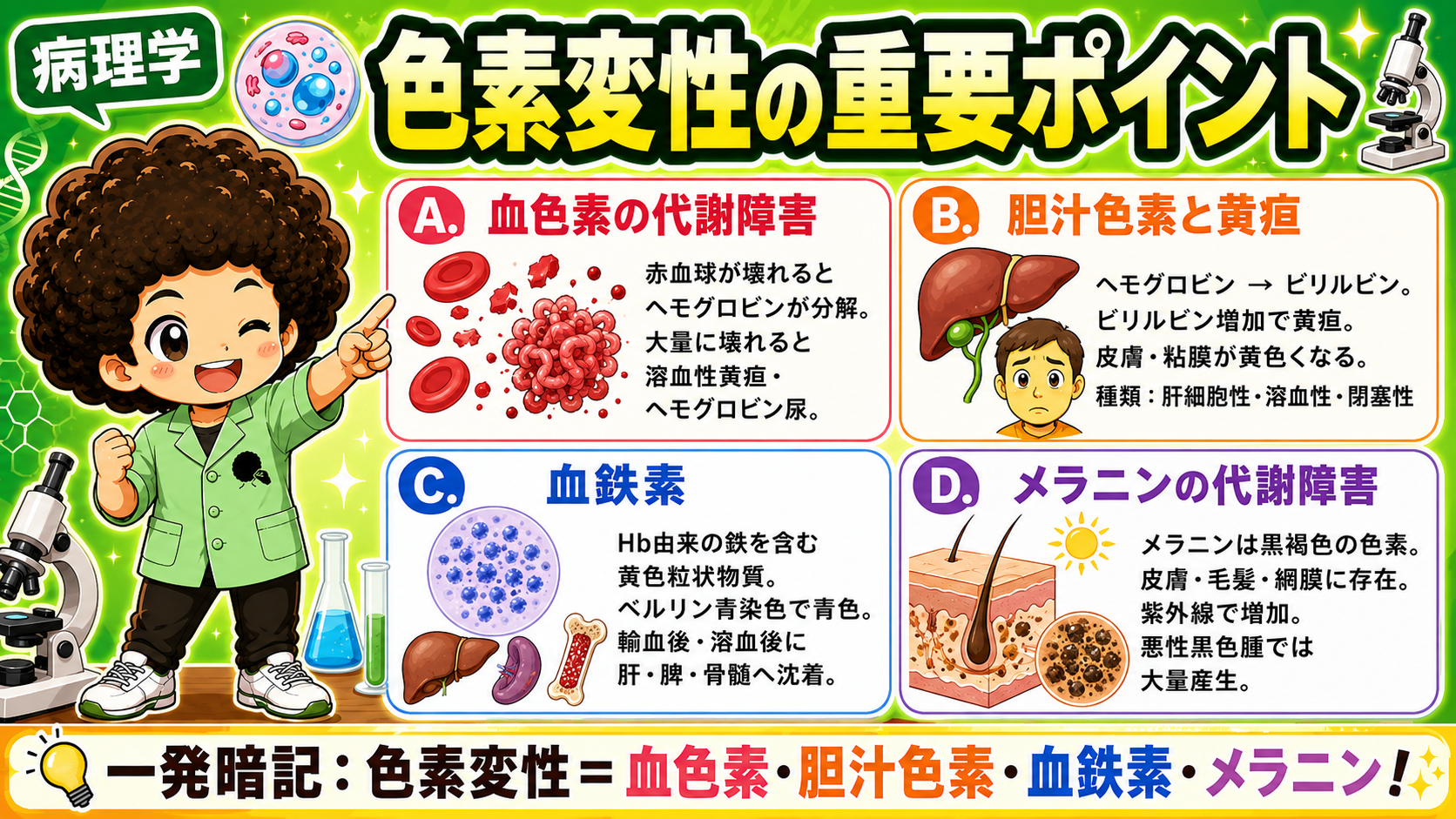 色素変性の4本柱＝血色素・胆汁色素・血鉄素・メラニン。