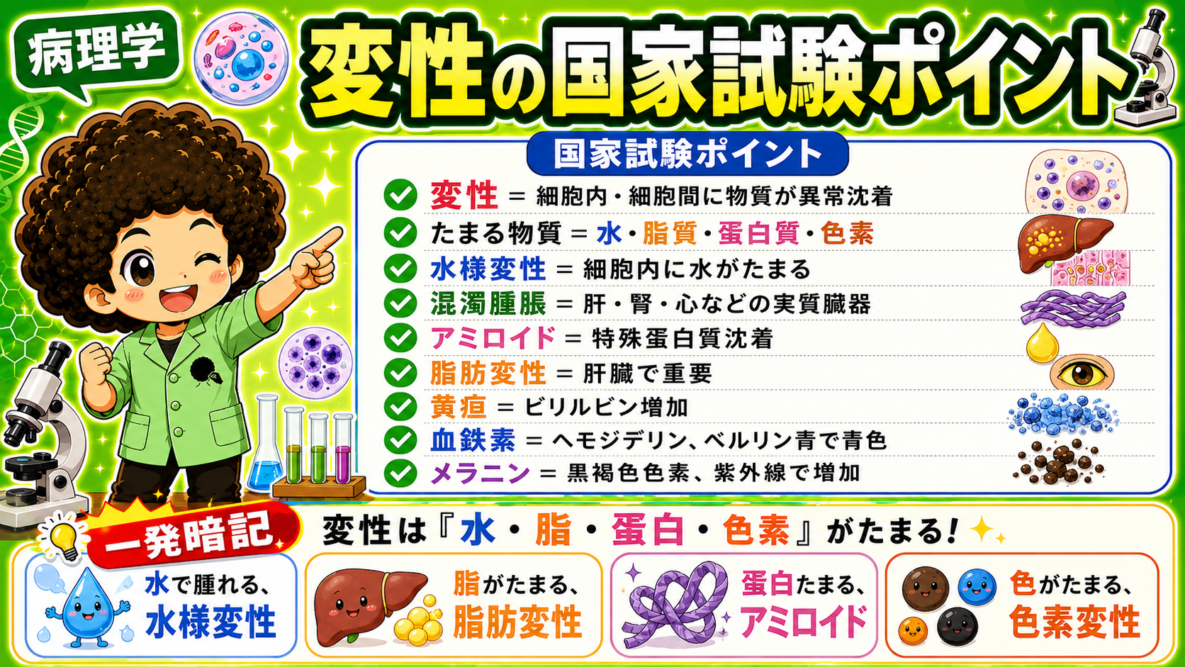 変性の国家試験ポイント総まとめ。水で腫れる水様変性／脂がたまる脂肪変性／蛋白がたまるアミロイド／色がたまる色素変性。