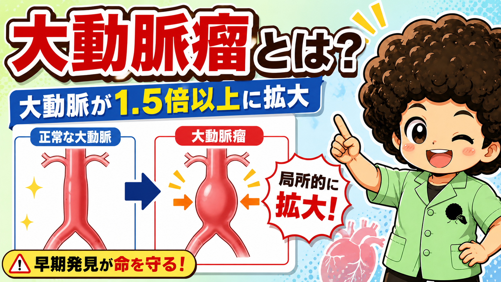 正常な大動脈と大動脈瘤の比較。大動脈が局所的にふくらんでいる