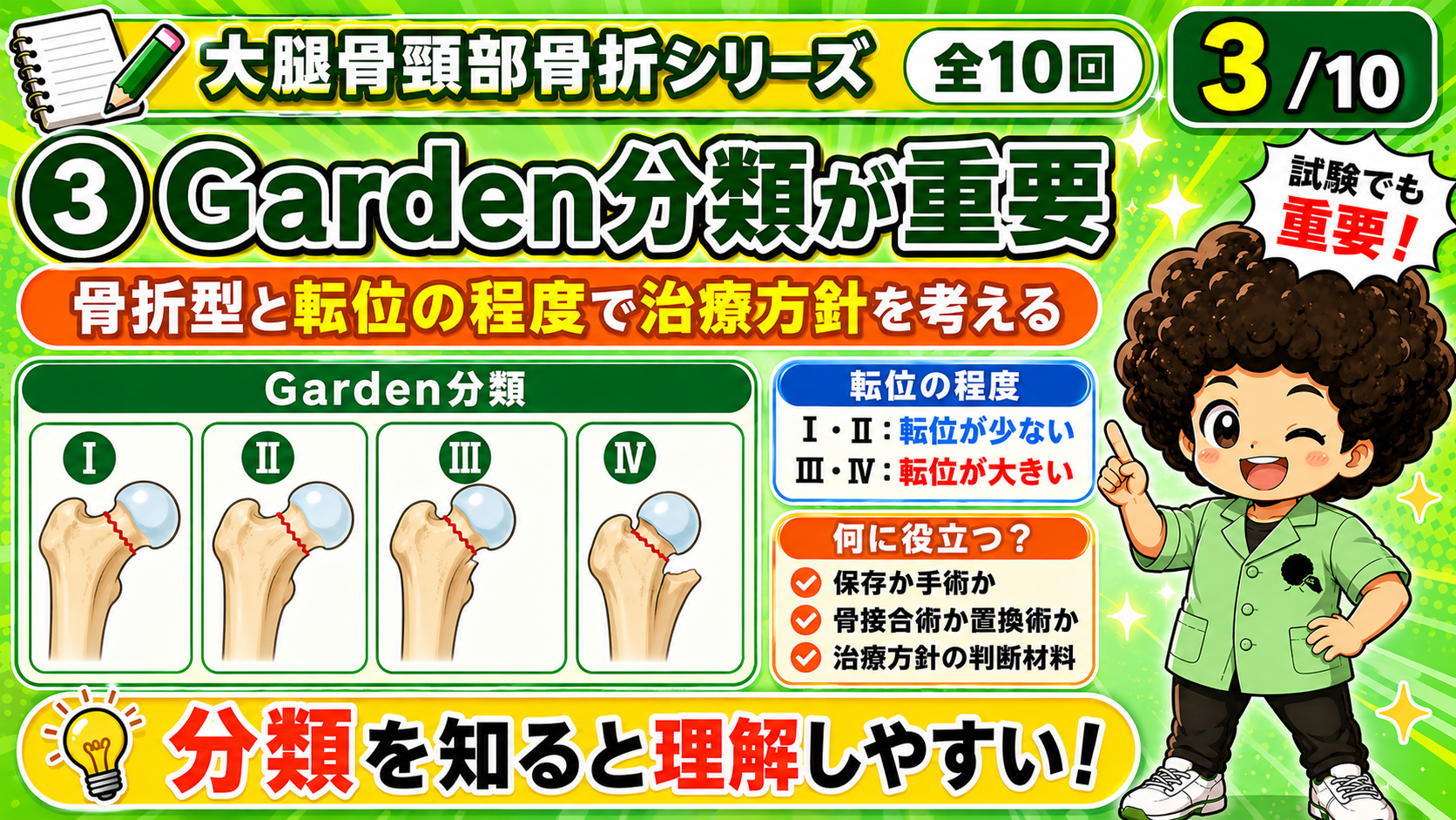 Garden分類：骨折型と転位の程度で治療方針を考える