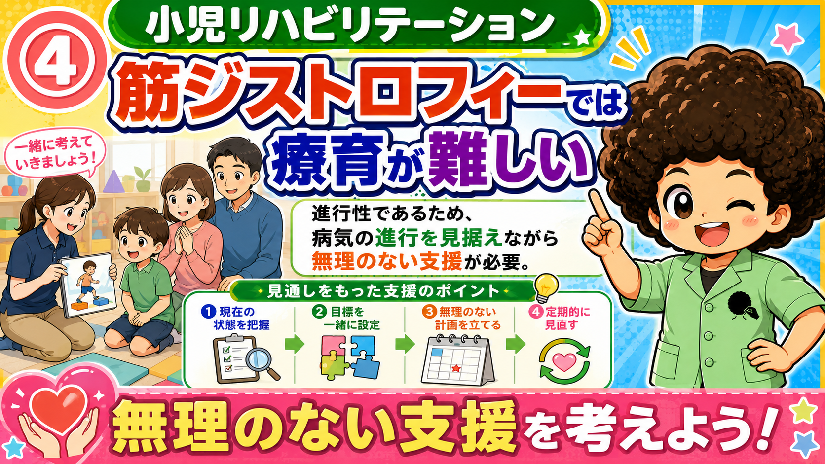 進行性であるため療育が難しい。進行を見据えた無理のない支援が必要