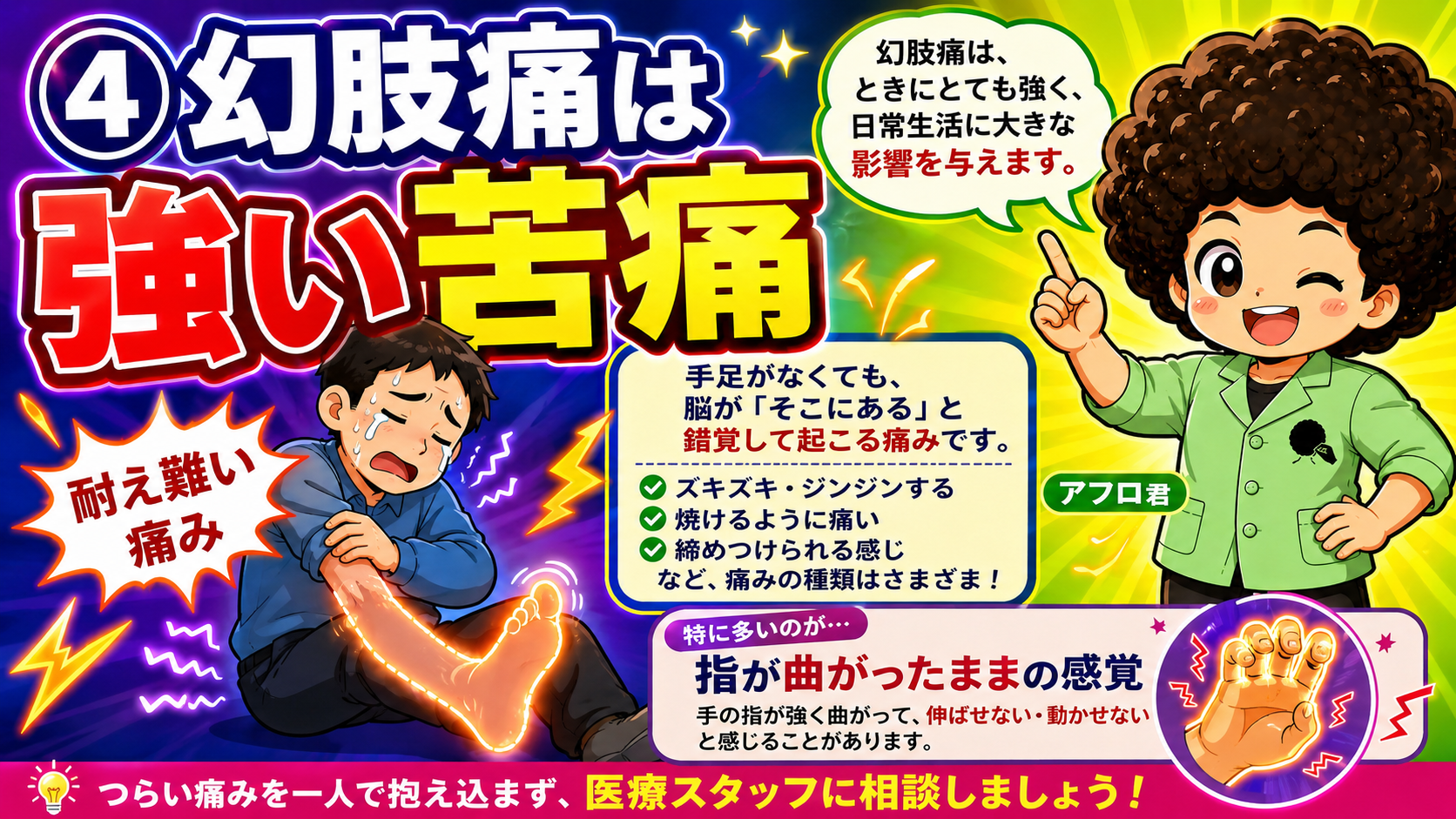 幻肢痛の性状。指が曲がったまま伸ばせない感覚が多い