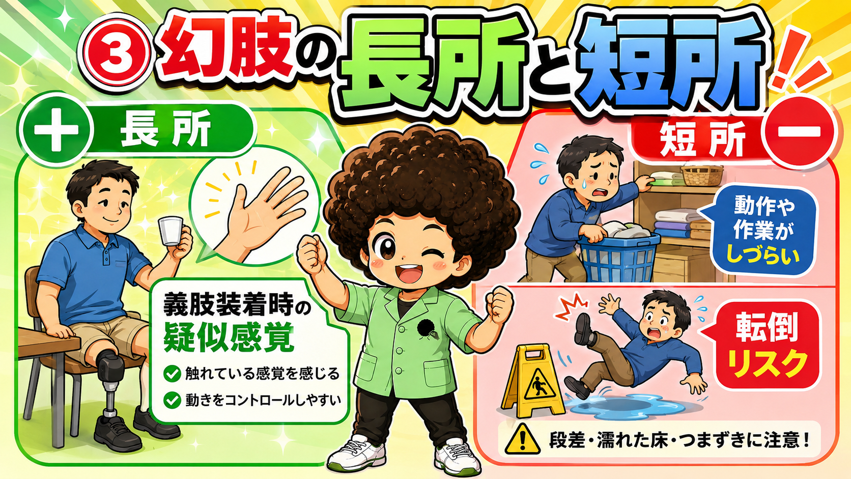 長所＝義肢装着時の疑似感覚／短所＝動作のしづらさと転倒リスク