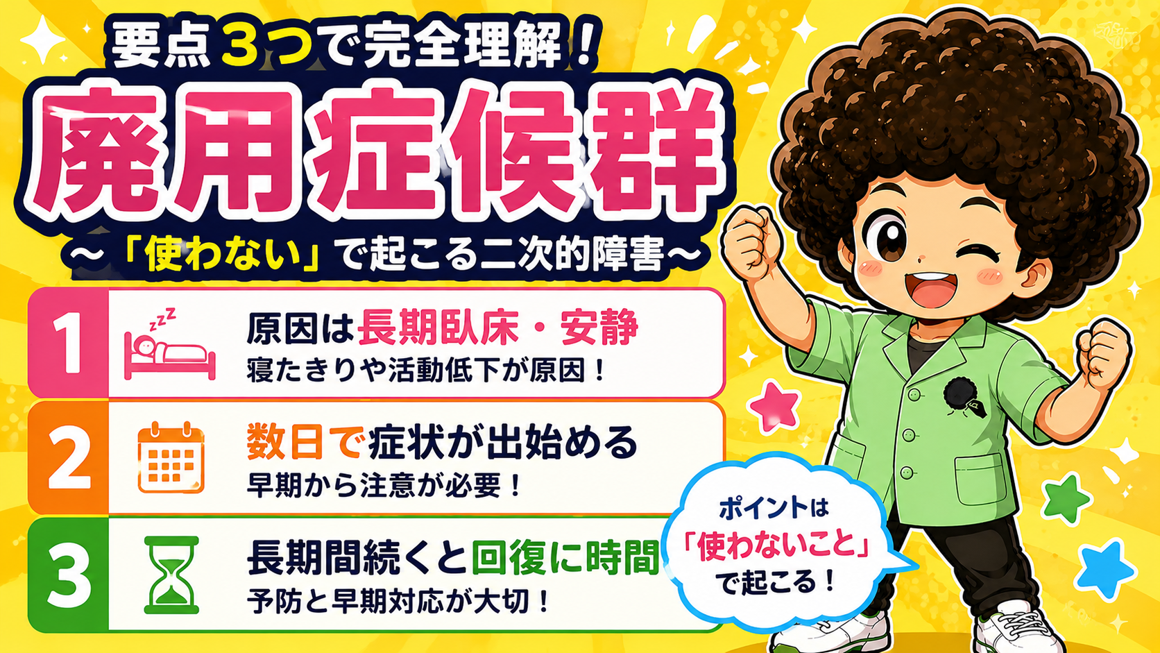 廃用症候群の要点3つ。原因は長期臥床・安静、数日で症状が出始め、長期化すると回復に時間がかかる。