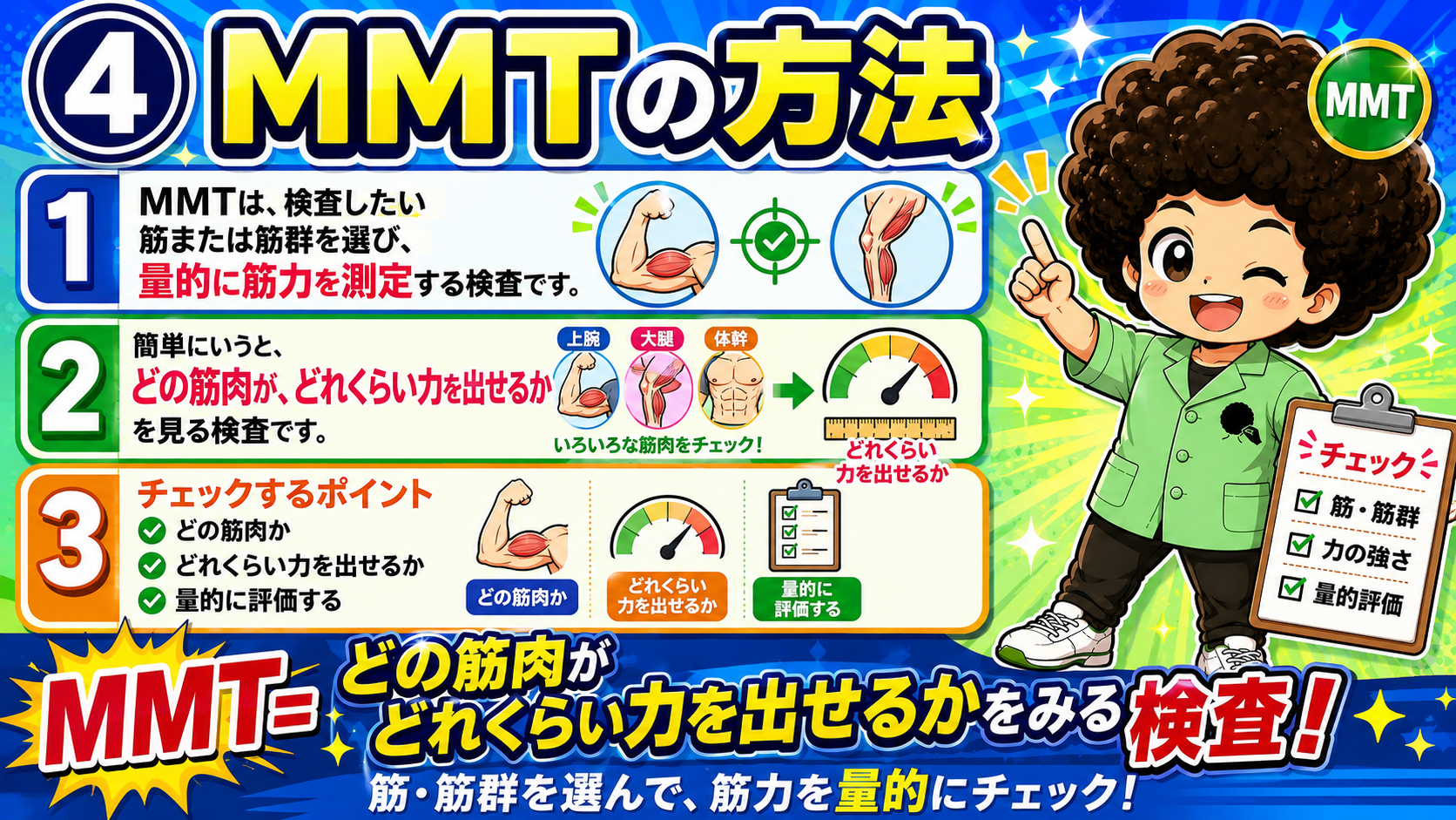 MMT＝どの筋肉がどれくらい力を出せるかを量的にみる検査