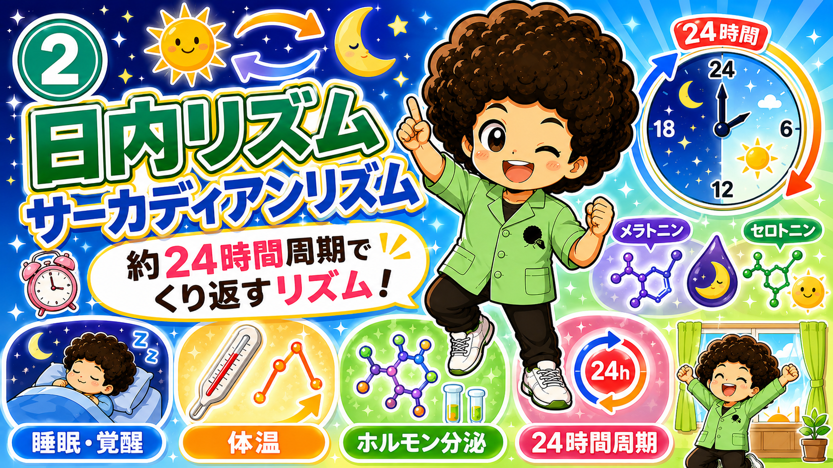 日内リズム＝約24時間周期でくり返すリズム（睡眠・覚醒／体温／ホルモン分泌）