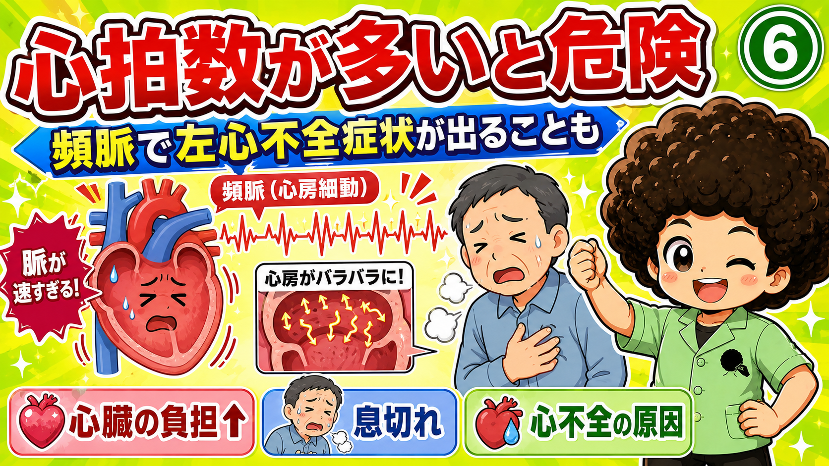 ⑥心拍数が多いと危険―頻脈で左心不全症状が出ることも